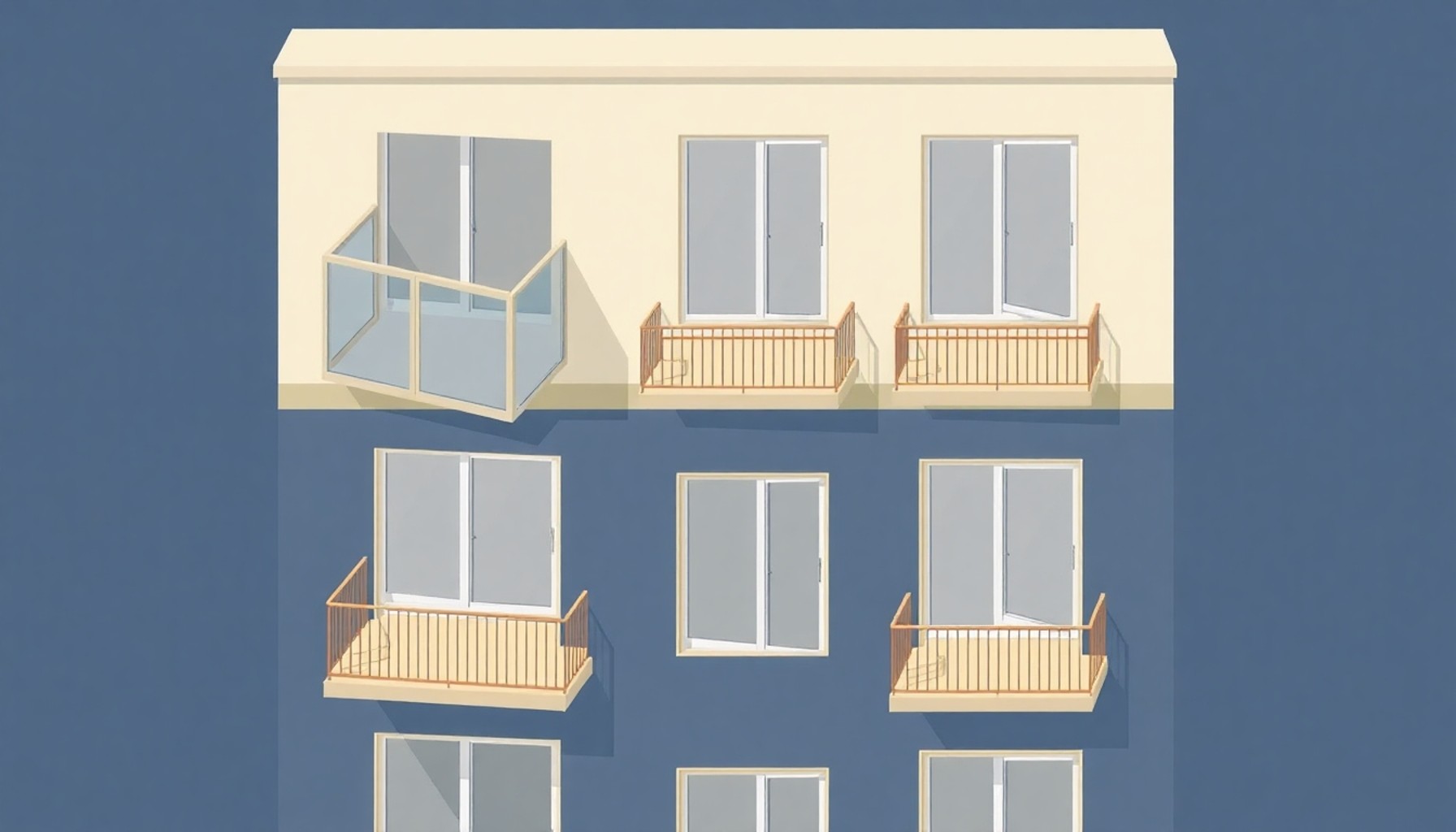 Apartman cephesinde cam balkon uygulaması ve ortak alan ayrımını gösteren mimari diyagram