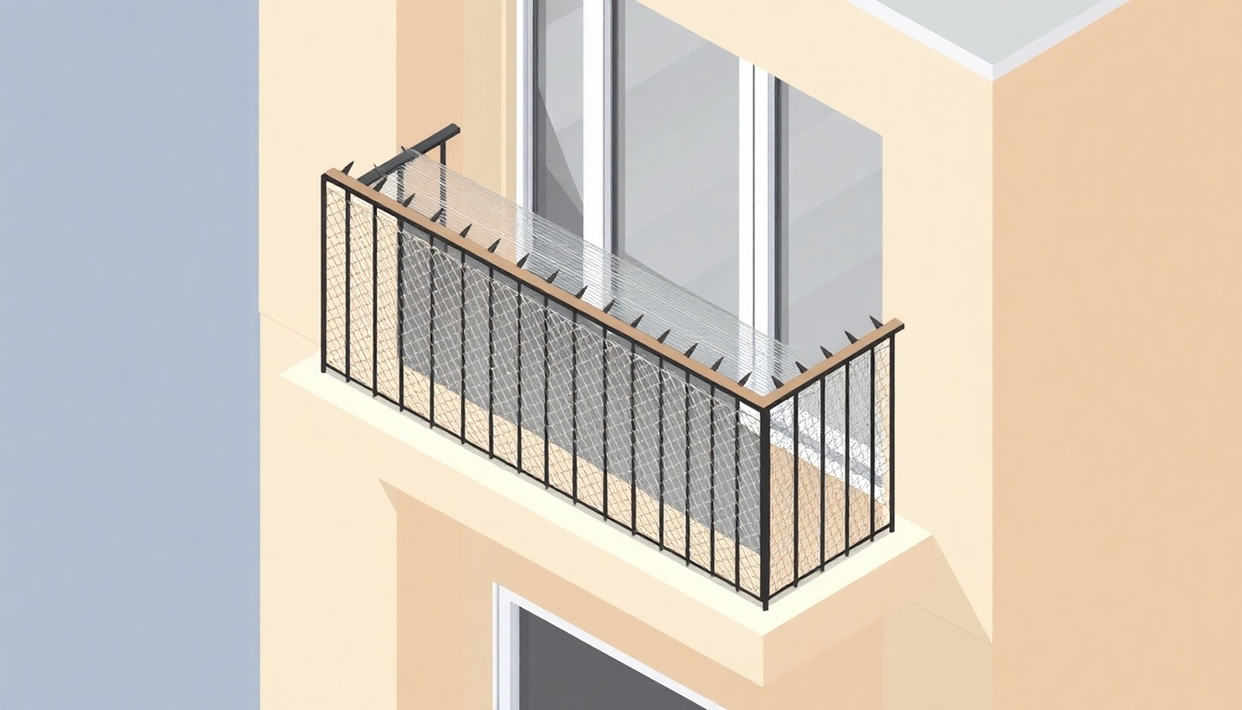 Balkon korkuluğuna monte edilmiş güvercin diken şeridi ve naylon ağ illüstrasyonu