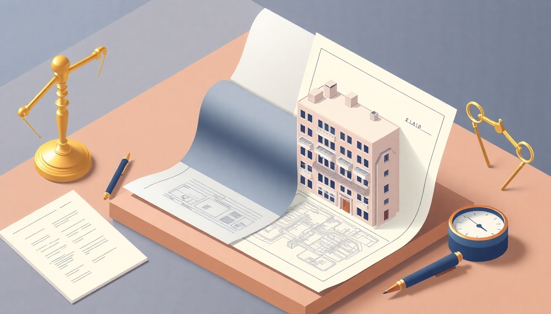 Kat mülkiyeti hukuku ve apartman planı yan yana illüstrasyonu