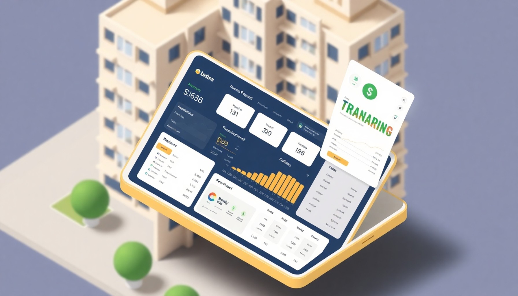 Apartman yönetim yazılımı üzerinden şikayet ve onarım takibini gösteren izometrik illüstrasyon
