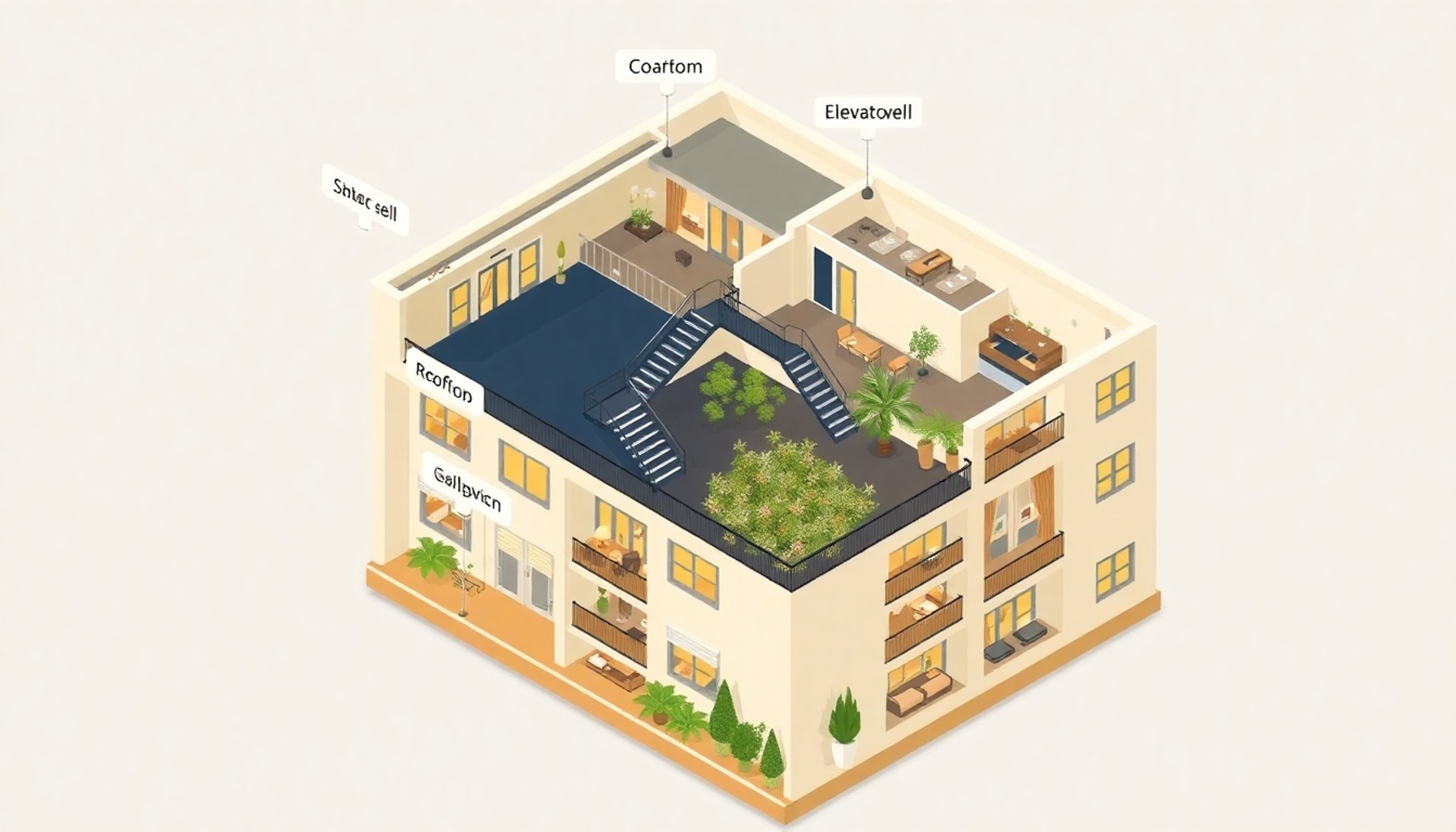 Apartman kesitinde çatı, merdiven ve bahçenin ortak alan olarak vurgulandığı şematik görsel