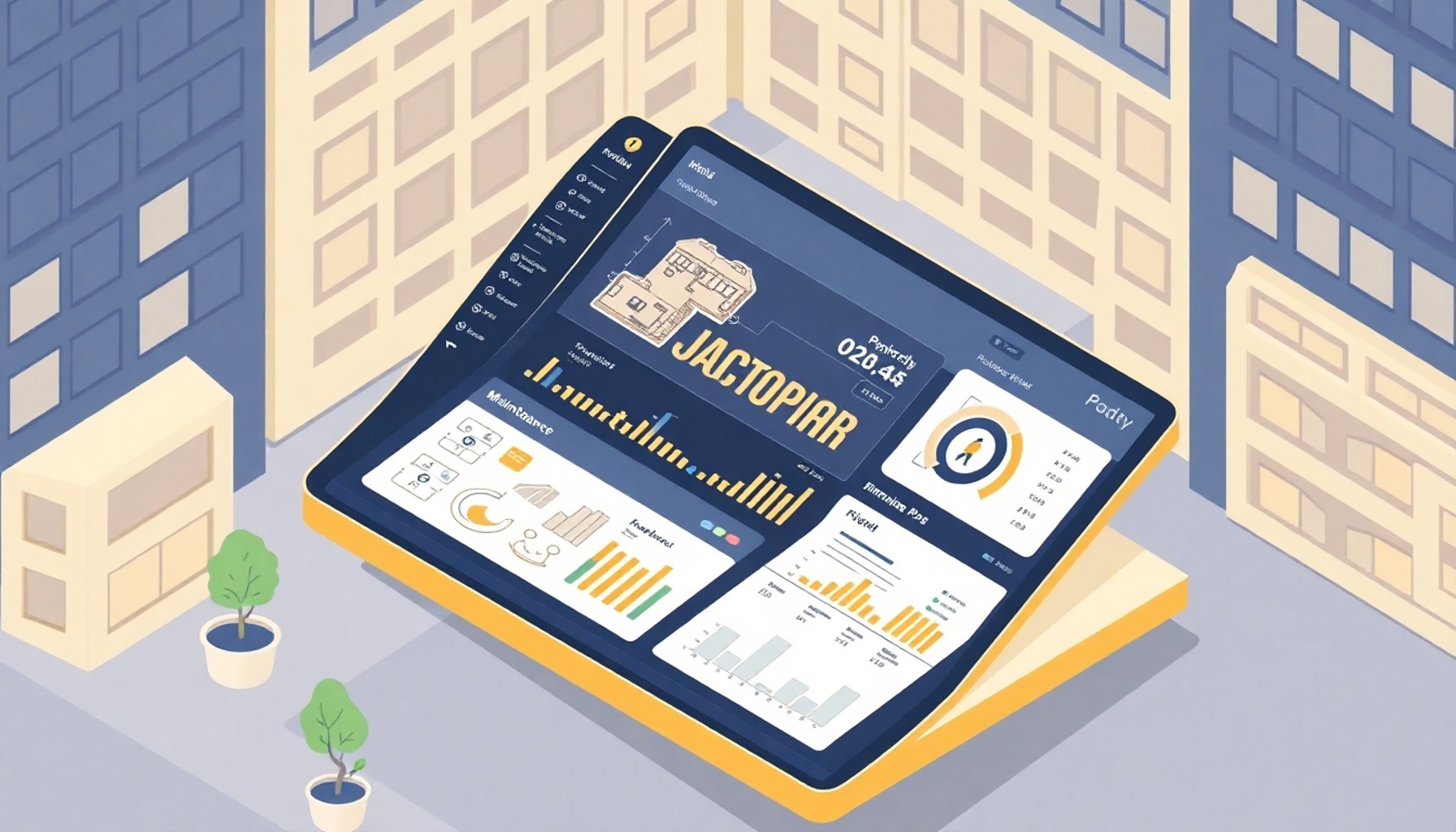 Site Yönetimi platformunun kiracı ve yönetici süreçlerini nasıl kolaylaştırdığını gösteren izometrik illüstrasyon