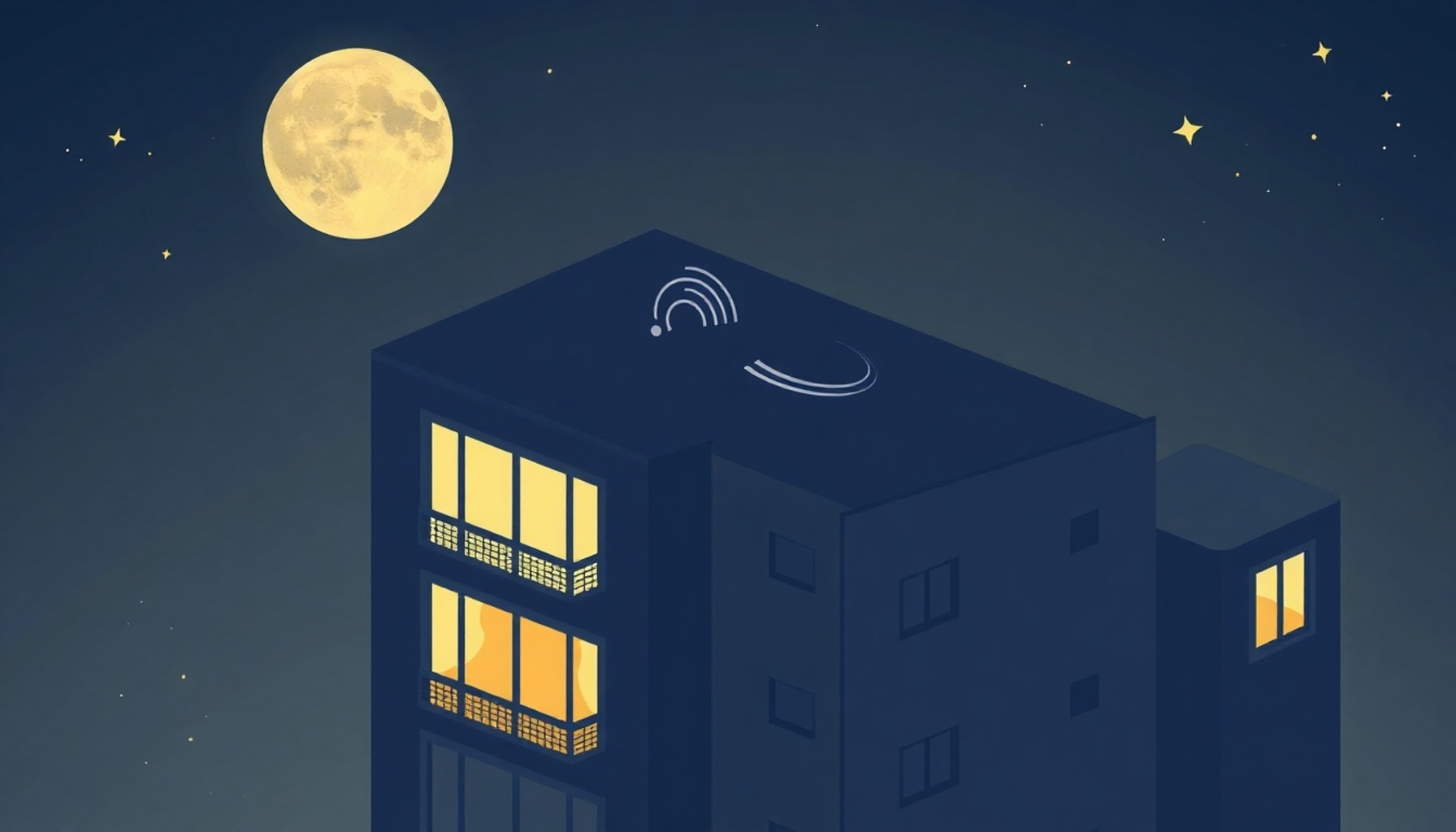 Gece apartman penceresinden yayılan ses dalgaları illüstrasyonu