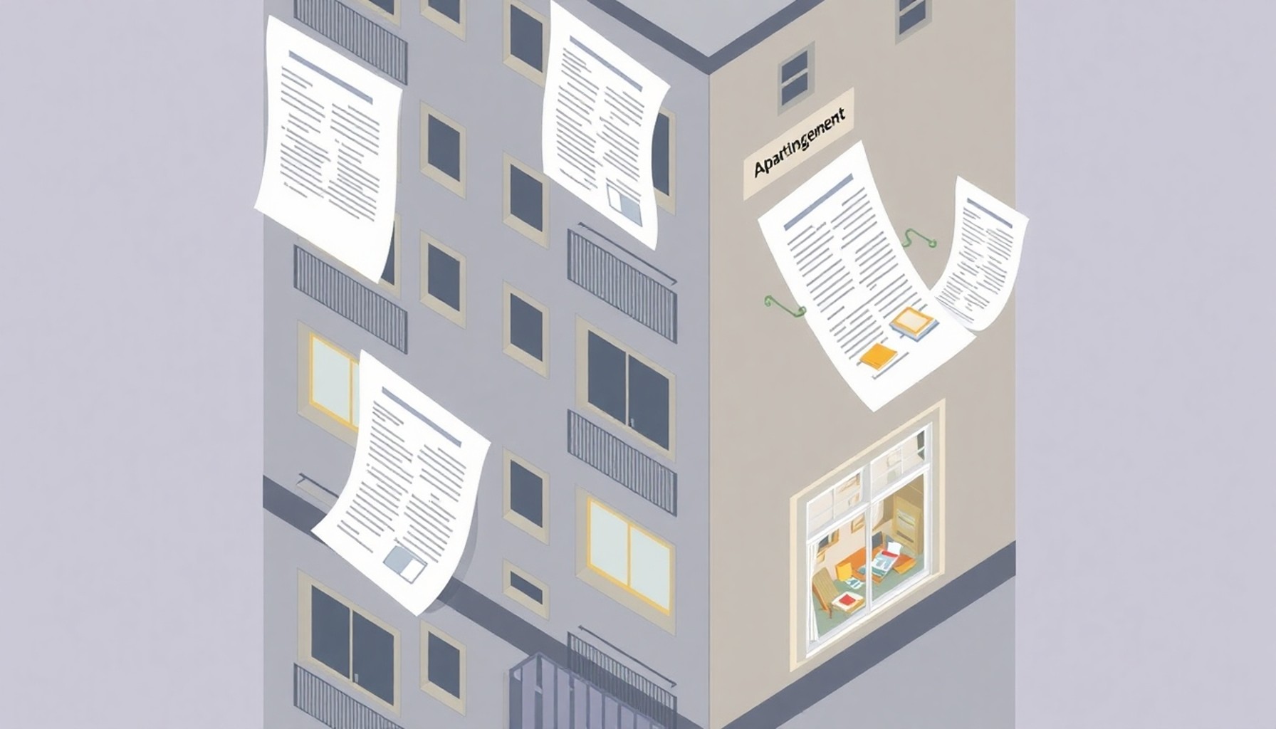 Apartmanda kiracı, miras ve yalnız yaşayan komşu durumlarını temsil eden belgeler ve daire pencereleri