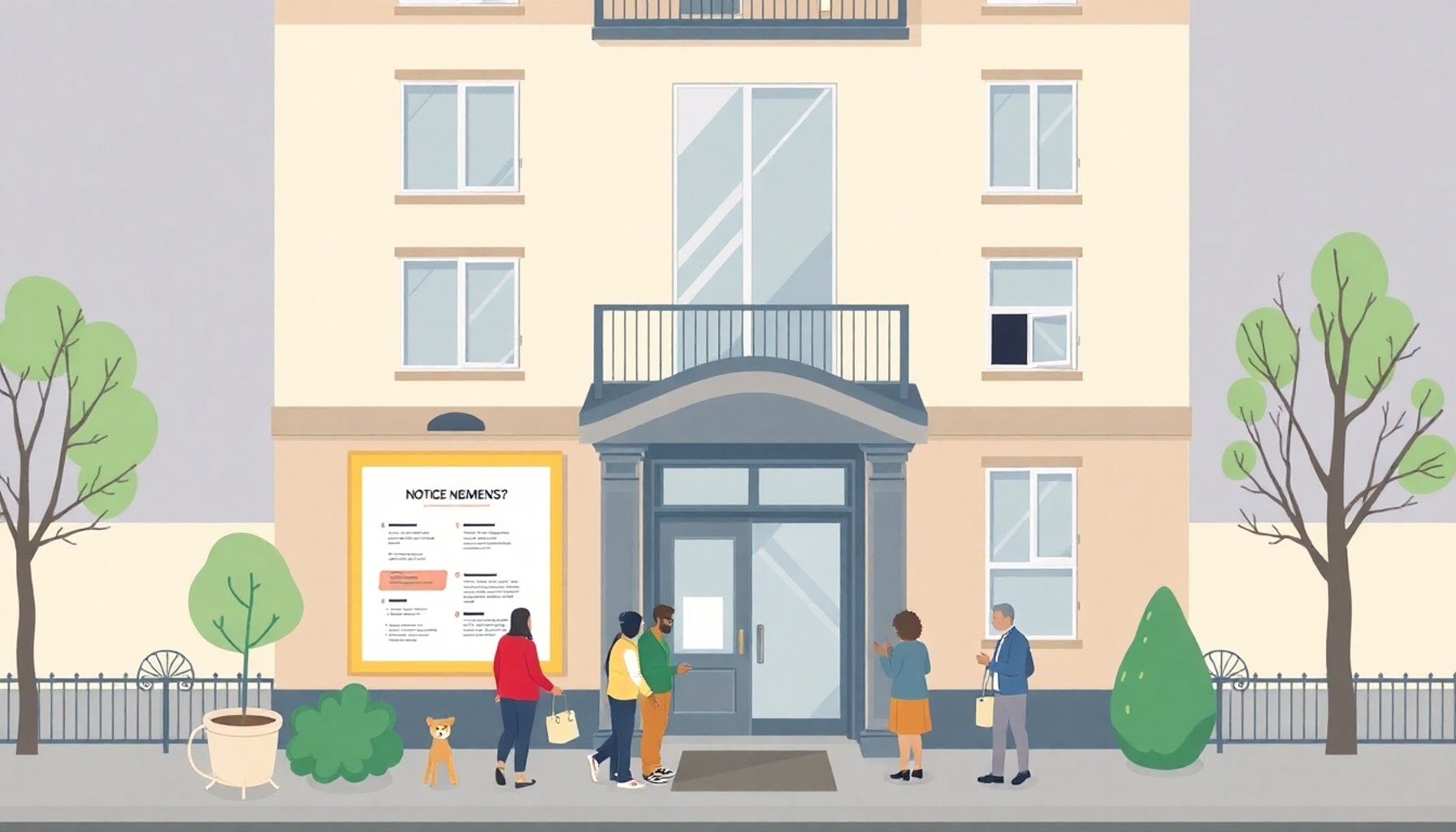 Apartman girişinde toplantı duyurusu ve sakin buluşmasını gösteren izometrik illüstrasyon