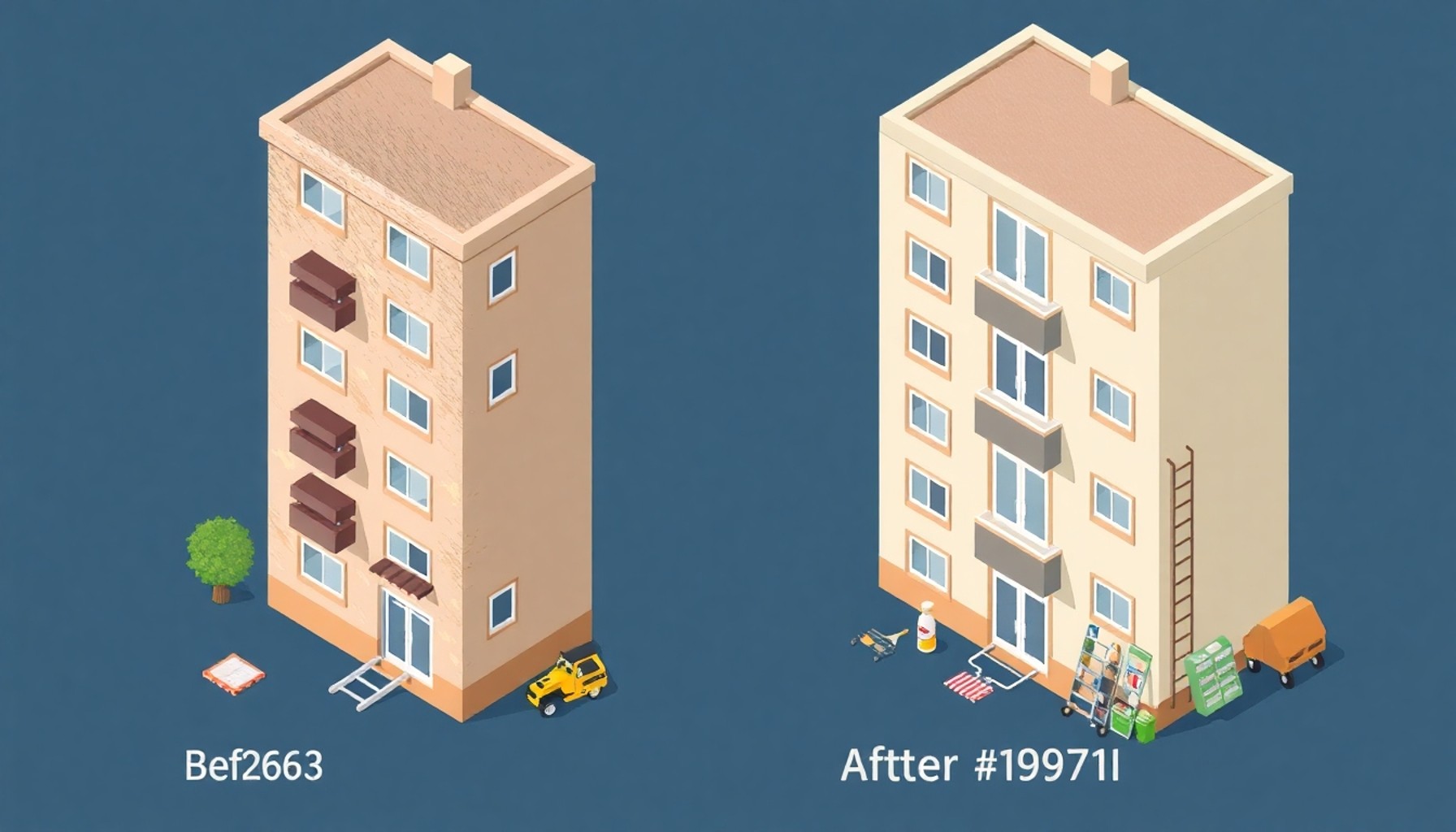 Kirli ve temiz dış cephe karşılaştırmasını gösteren apartman illüstrasyonu