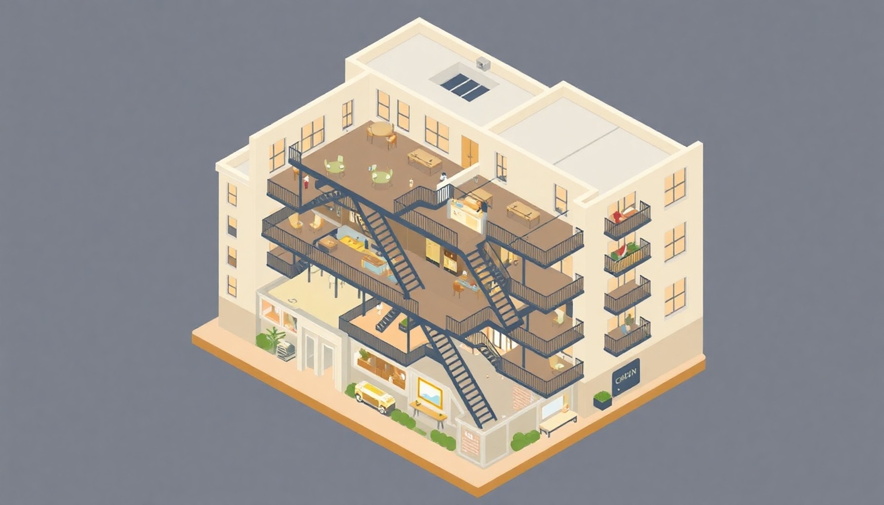 Apartmanda ortak alanları gösteren kesit illüstrasyonu