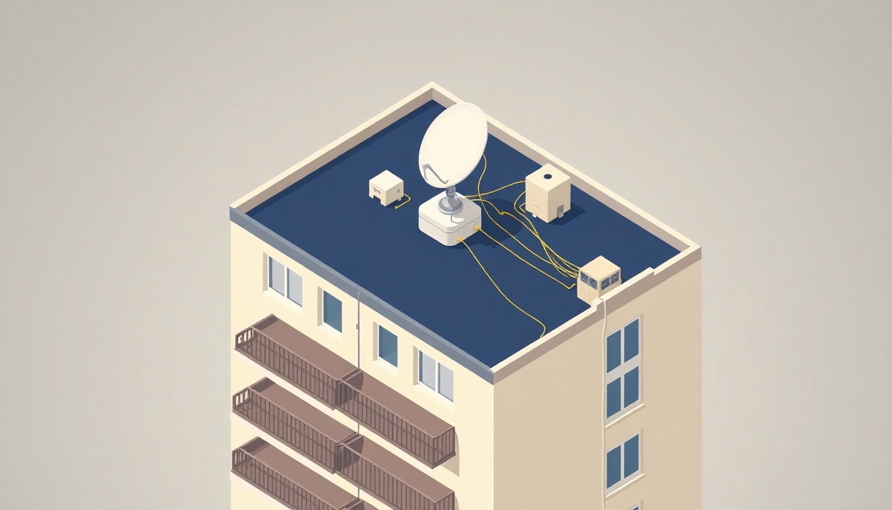 Apartman merkezi uydu sistemi — çatıda ortak çanak ve kablo dağıtımı