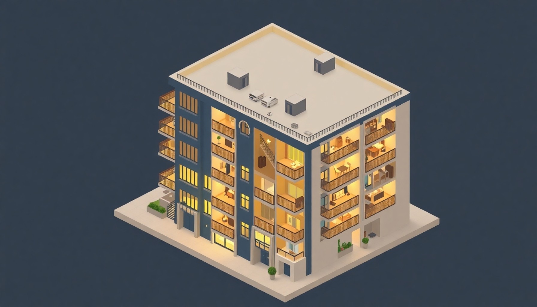 Apartman dış cephesinin ortak alan olarak vurgulandığı kesit görseli