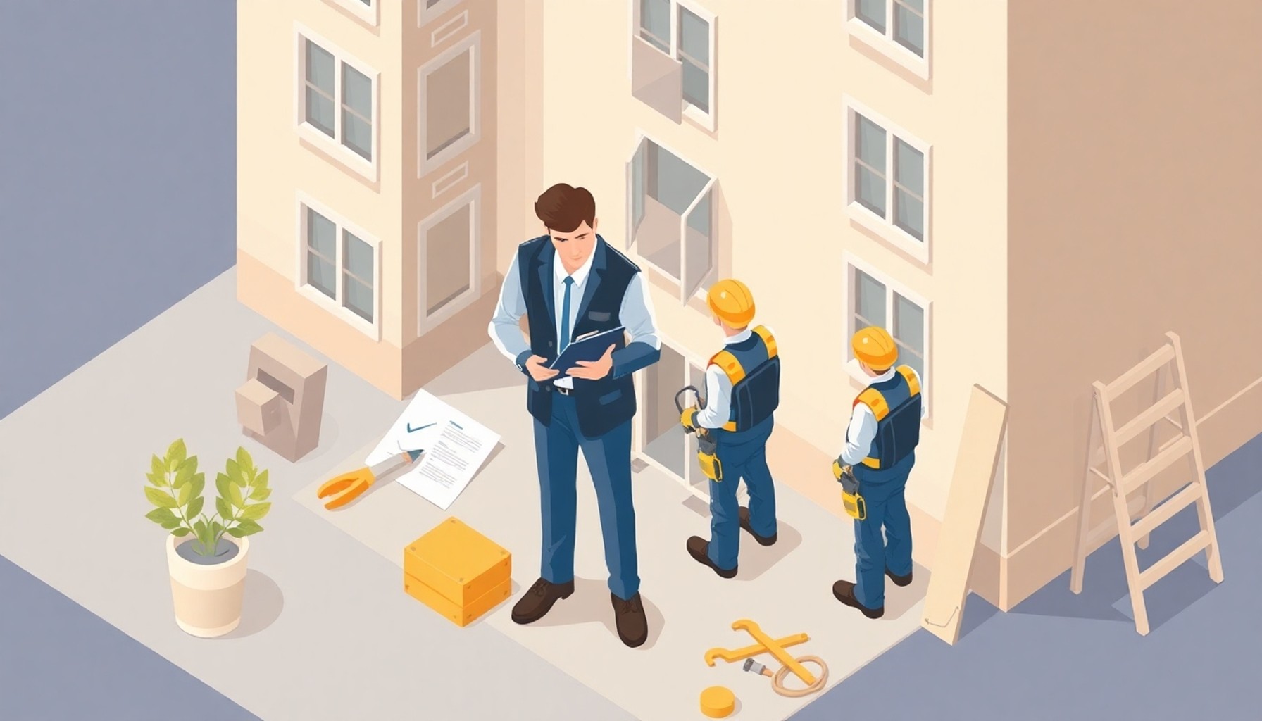 Apartman yöneticisinin dış cephe onarımını koordine ettiğini gösteren illüstrasyon