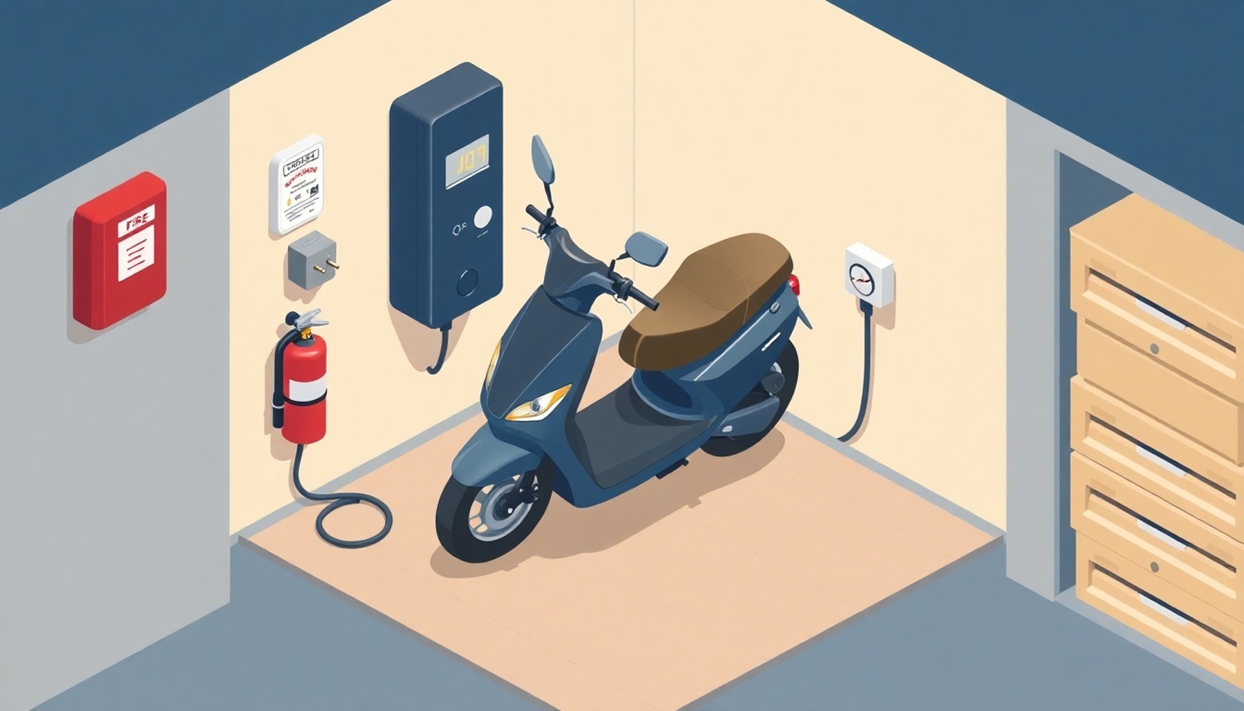 Elektrikli scooter güvenli şarj kurulumu yangın tüpü ve duman dedektörü ile