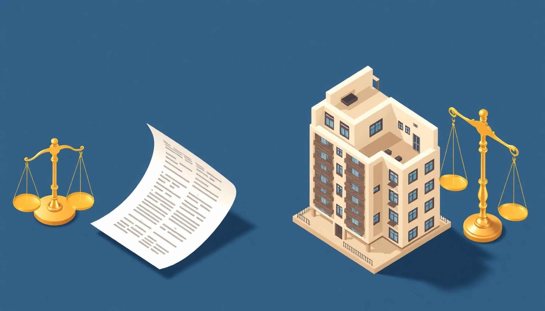 Kat mülkiyeti kanunu belgesi ve apartman planını gösteren hukuki çerçeve illüstrasyonu
