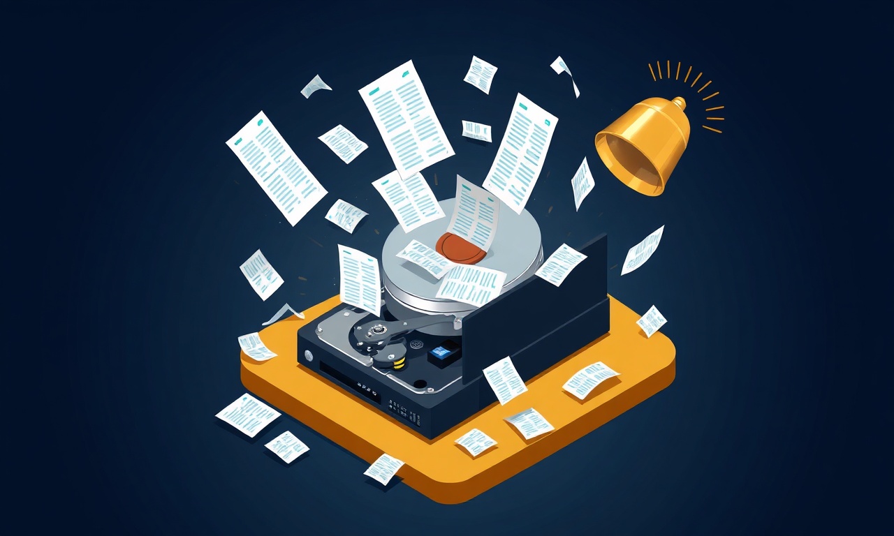 Veri kaybı felaketi illüstrasyonu; çöken sabit disk ve savrulmuş Excel dosyaları