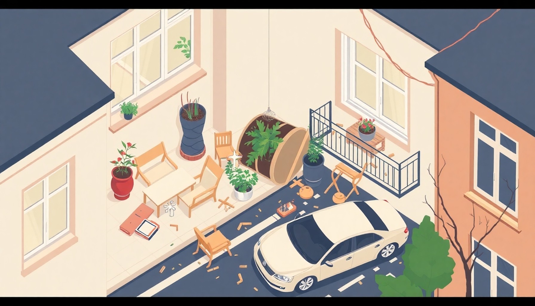 Komşunun terasından düşen eşyanın araca zarar verdiği sahneyi gösteren illüstrasyon