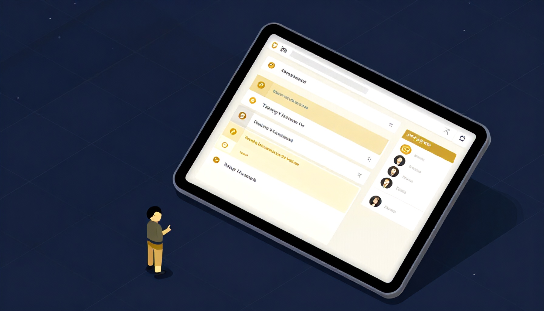 Dijital bina yönetim platformu tablet dashboard illüstrasyonu