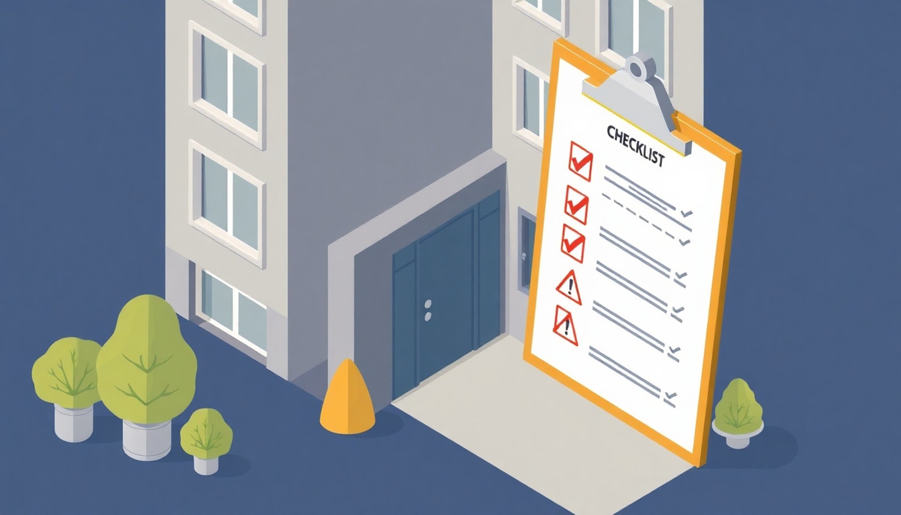 Apartman girişinde uyarı sembolleri ve kontrol listesi temsili görseli