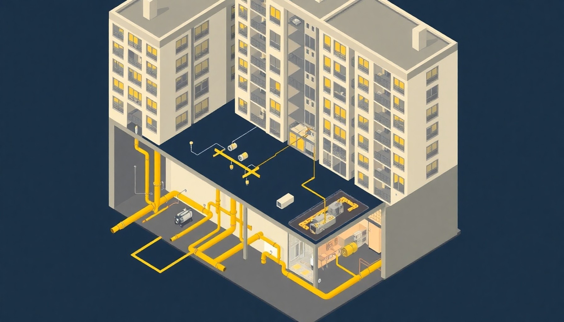 Apartman ortak tesisat alanı ve altyapısını gösteren izometrik illüstrasyon