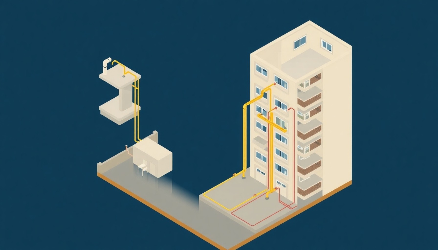 Apartmanda bireysel daire boruları ile ortak alan boru hatlarının şematik gösterimi