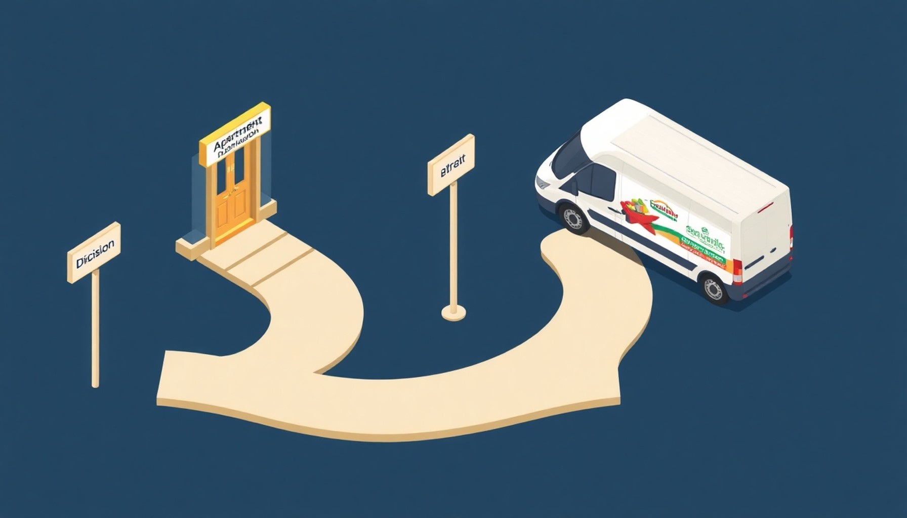 Kapıcı kulübesi ile temizlik şirketi aracının bulunduğu iki yol ayrımı illüstrasyonu