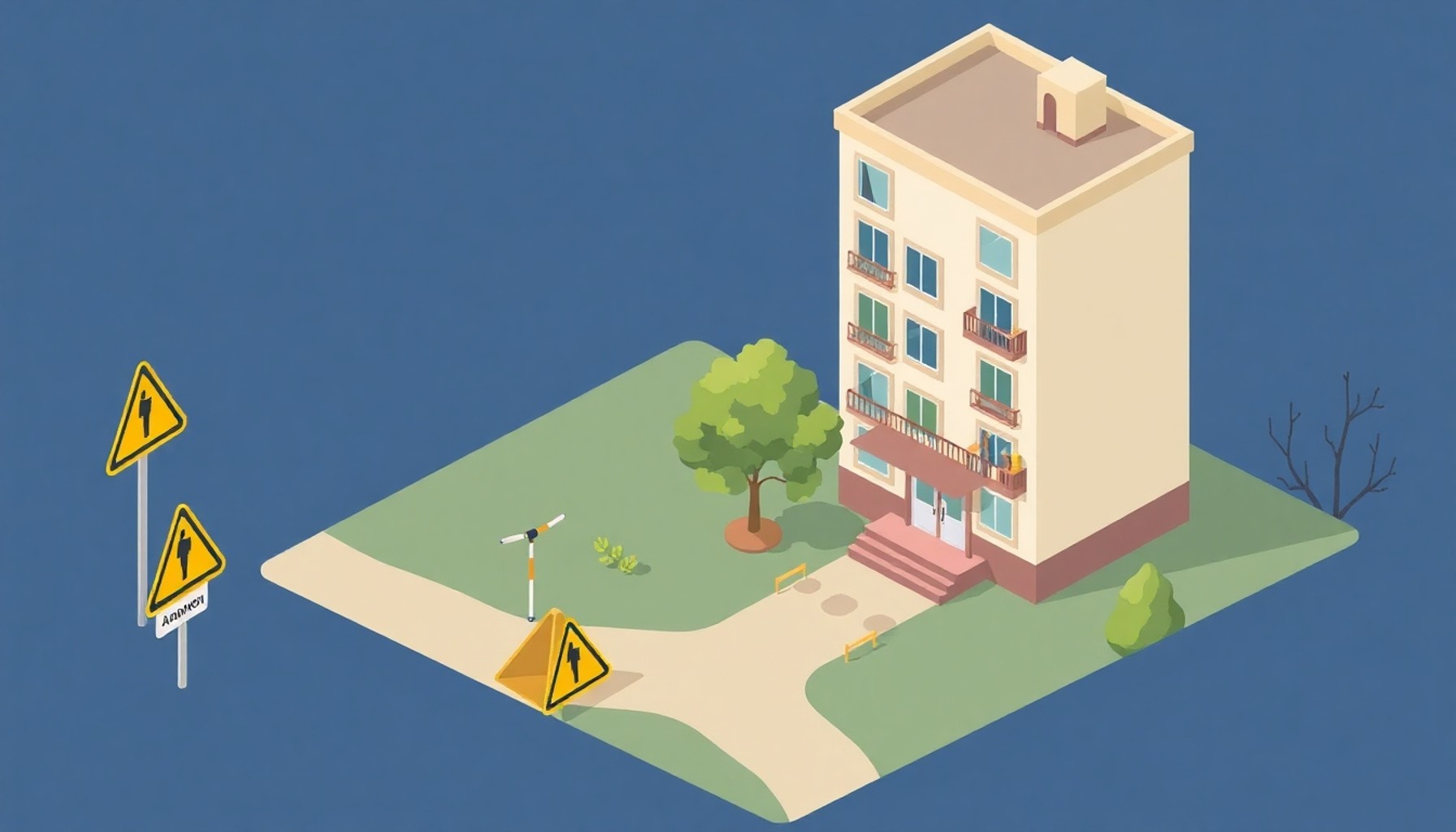 Apartman kurallarında sık yapılan hataları temsil eden uyarı işaretleri illüstrasyonu