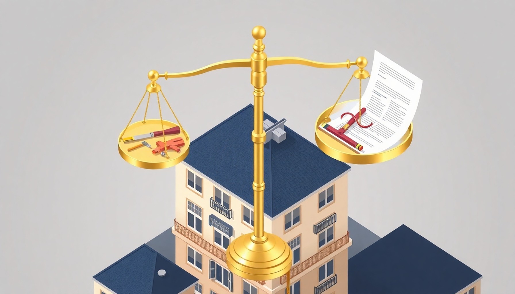 Hakimin müdahalesi kararı — adalet terazisi ve apartman binası