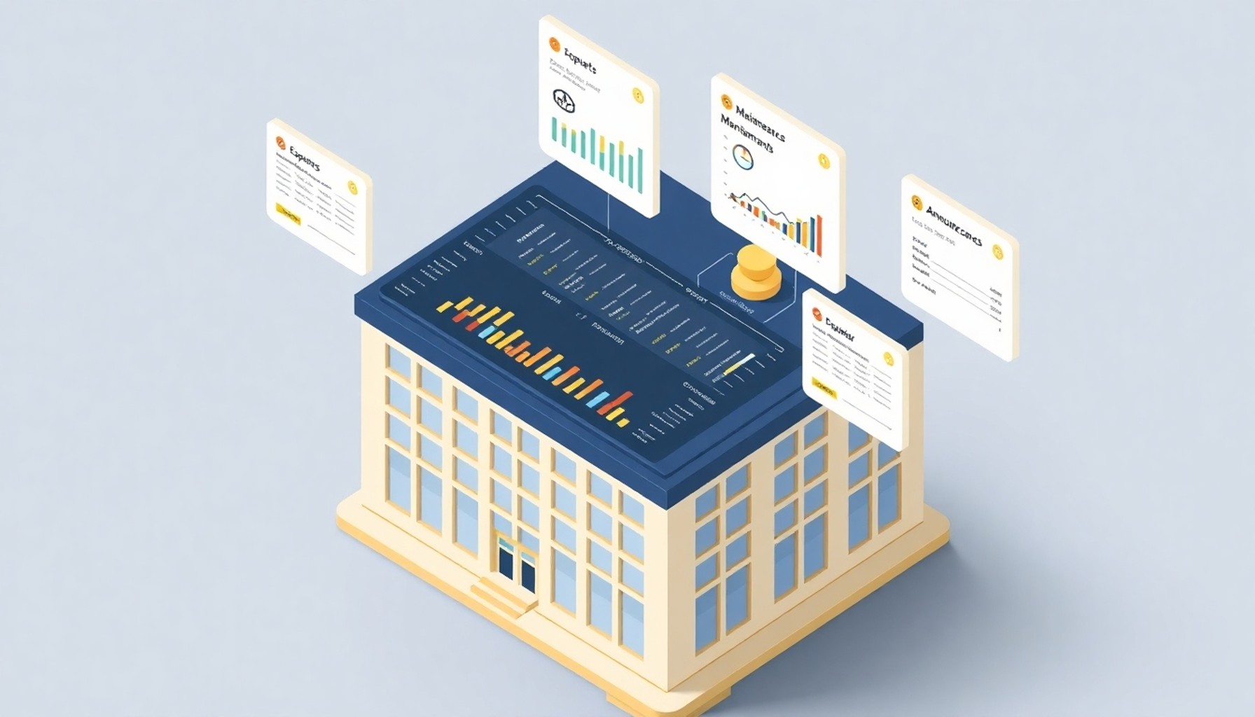 Dijital site yönetimi platformunun ticari yapı üzerinde görüntülendiği izometrik illüstrasyon