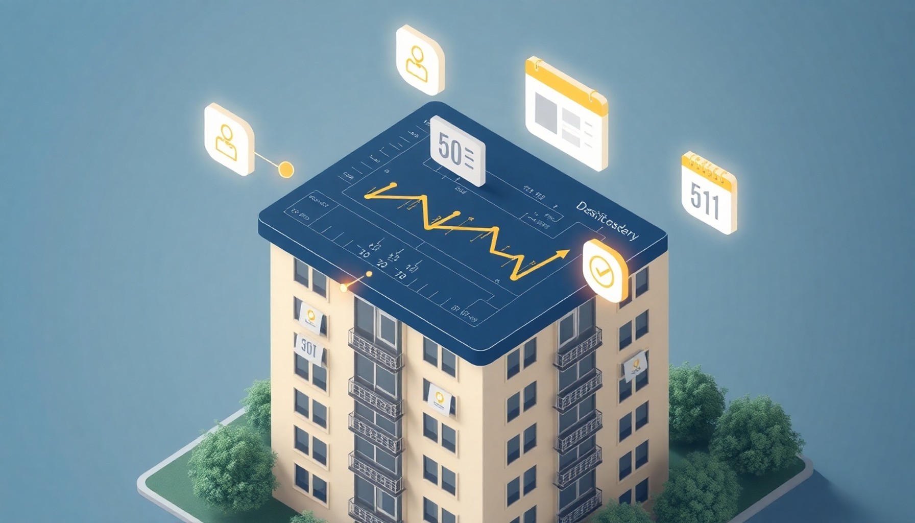 Apartman yönetim platformunun kentsel dönüşüm sürecine nasıl destek sağladığını gösteren dijital panel illüstrasyonu