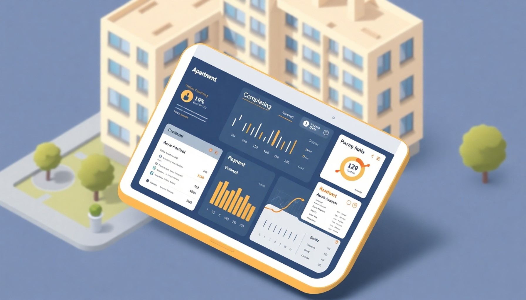 Dijital apartman yönetim platformunu gösteren tablet ve bina illüstrasyonu