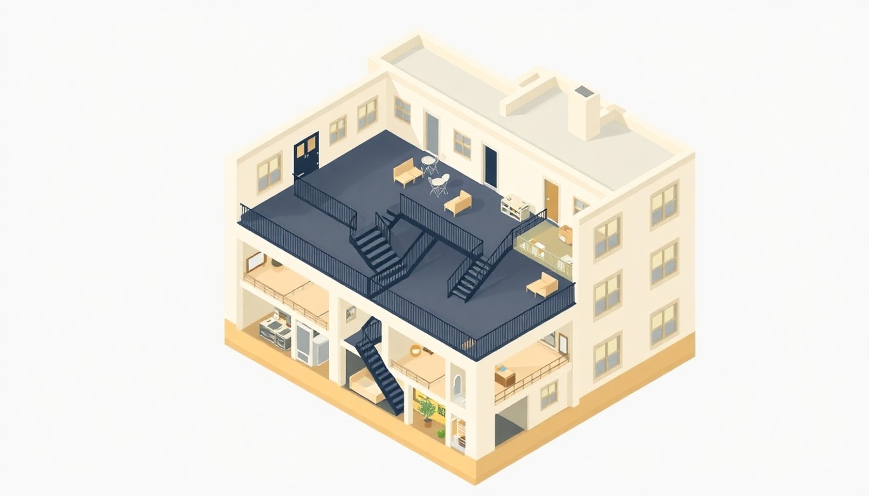 Apartman ortak kullanım alanları kesit görünümü
