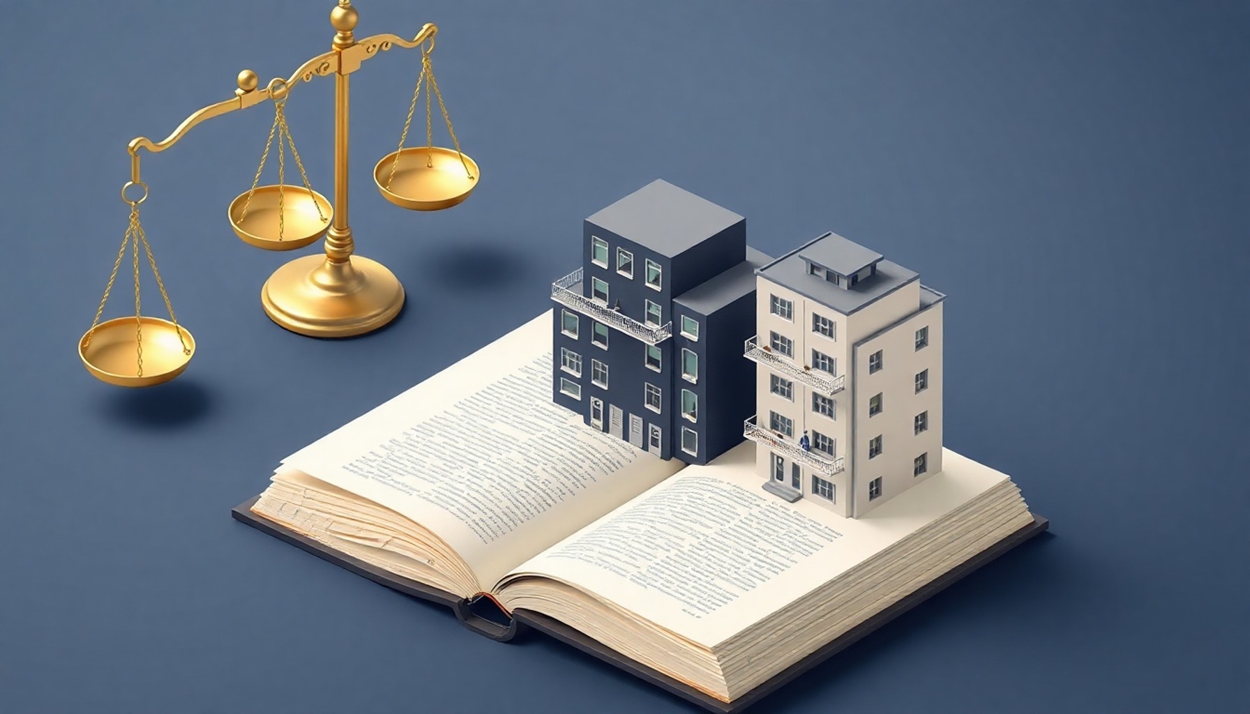 Yasal çerçeveyi sembolize eden hukuk kitabı ve apartman maketi izometrik illüstrasyon