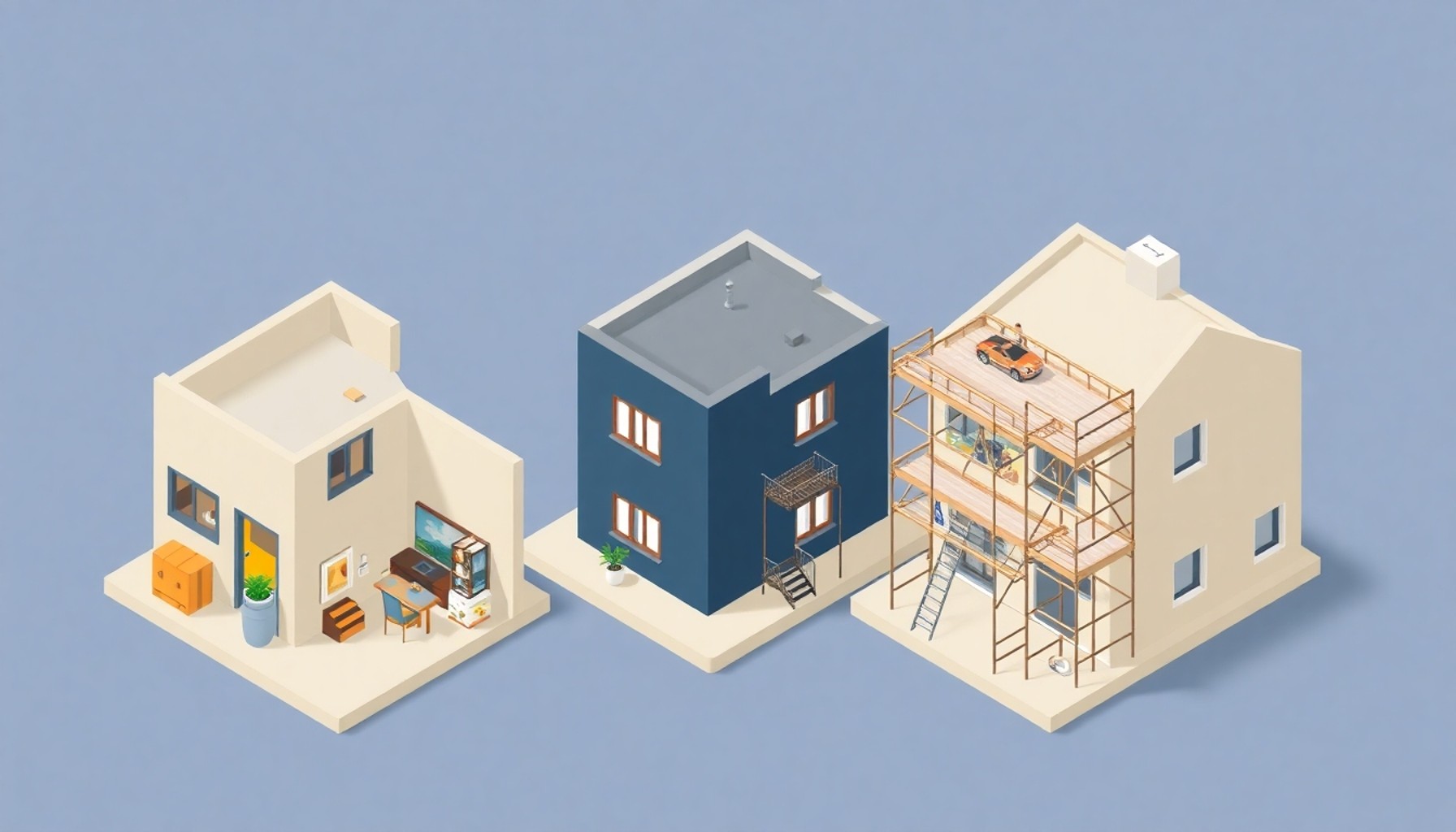 Farklı kiracı durumlarını gösteren üç apartman ünitesi — izometrik illüstrasyon