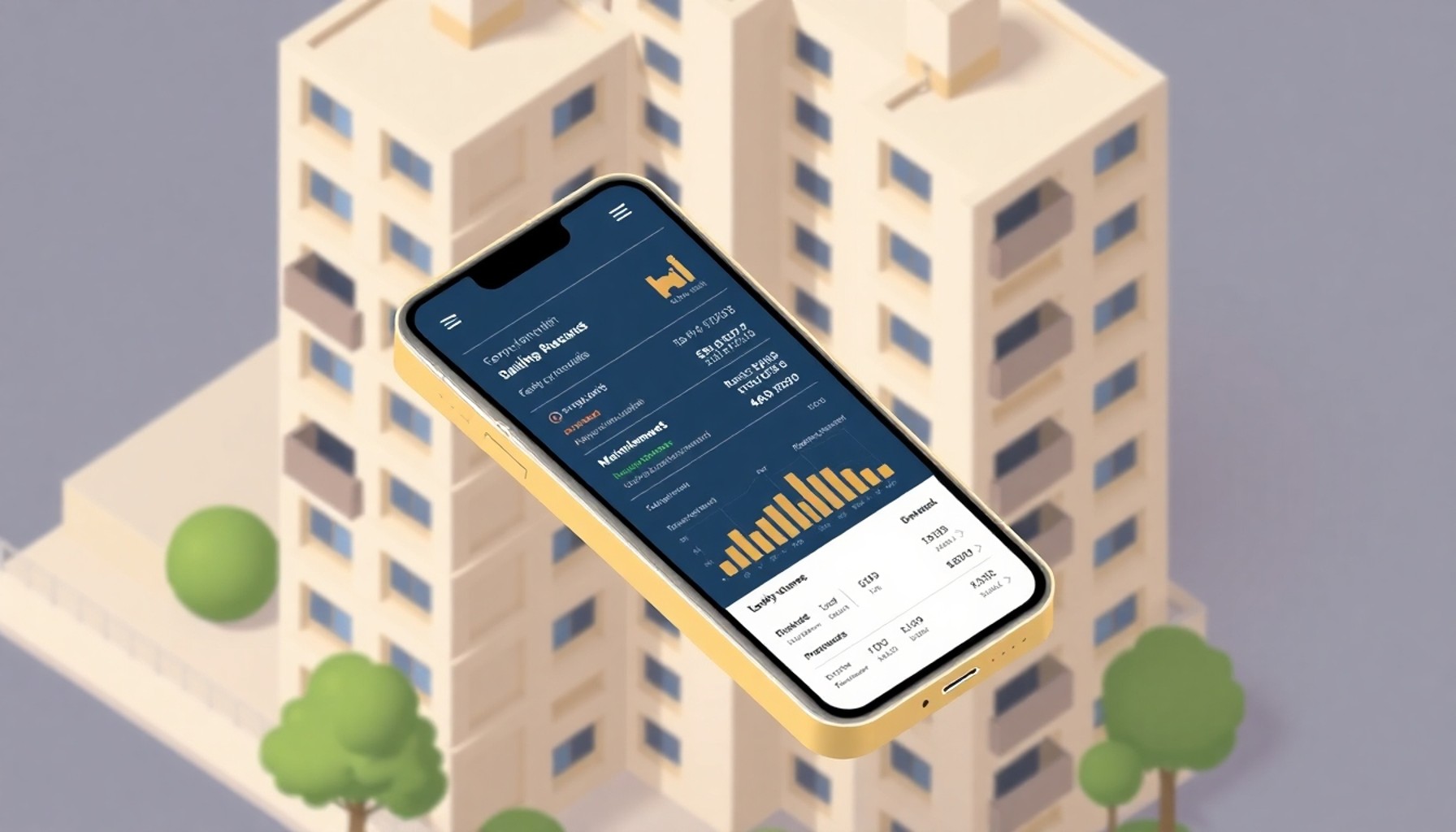 Apartman yönetim uygulamasını gösteren akıllı telefon ekranı — izometrik illüstrasyon