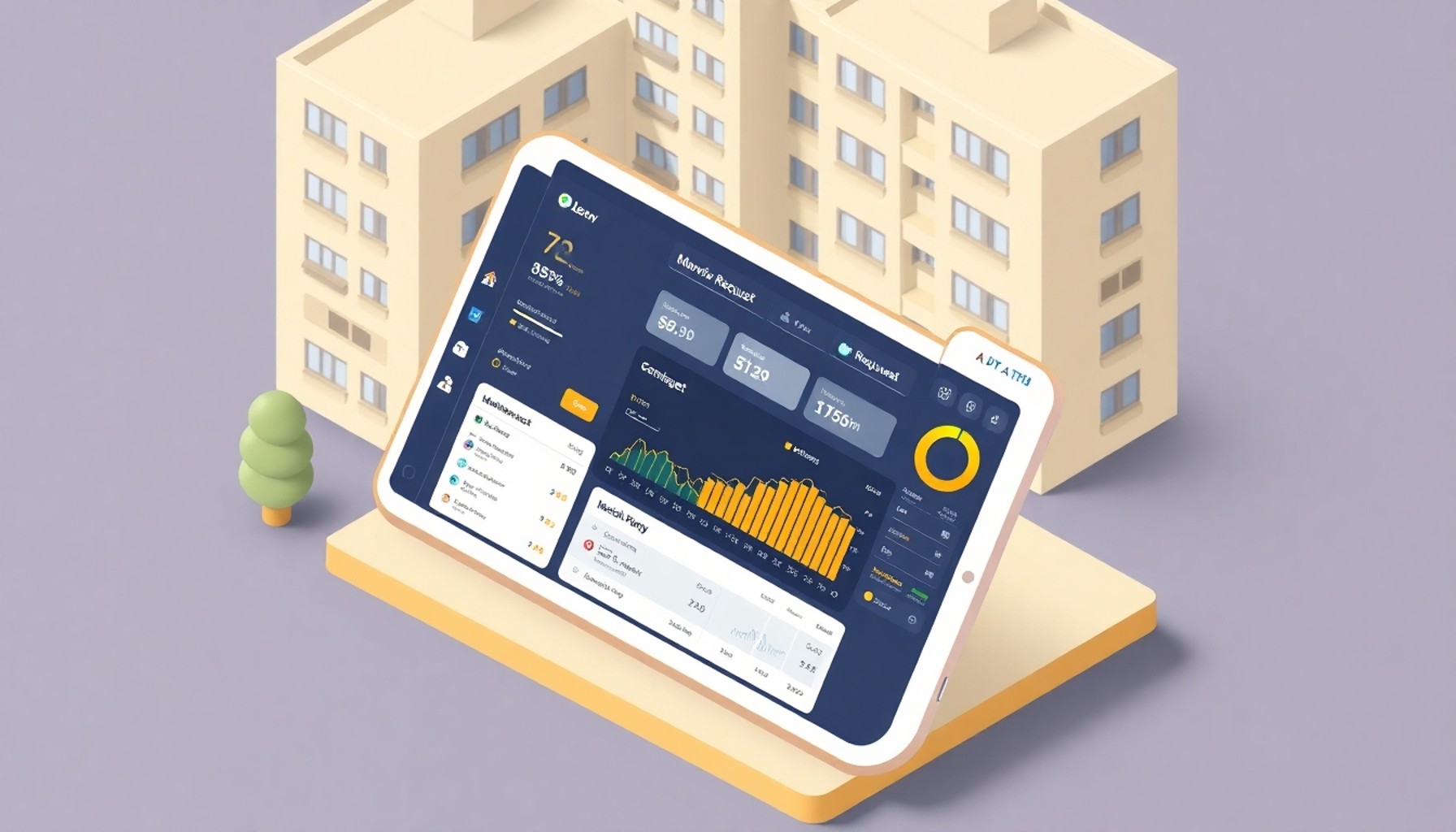 Dijital yönetim platformu üzerinden arıza takibi yapılan apartman sürecini gösteren illüstrasyon