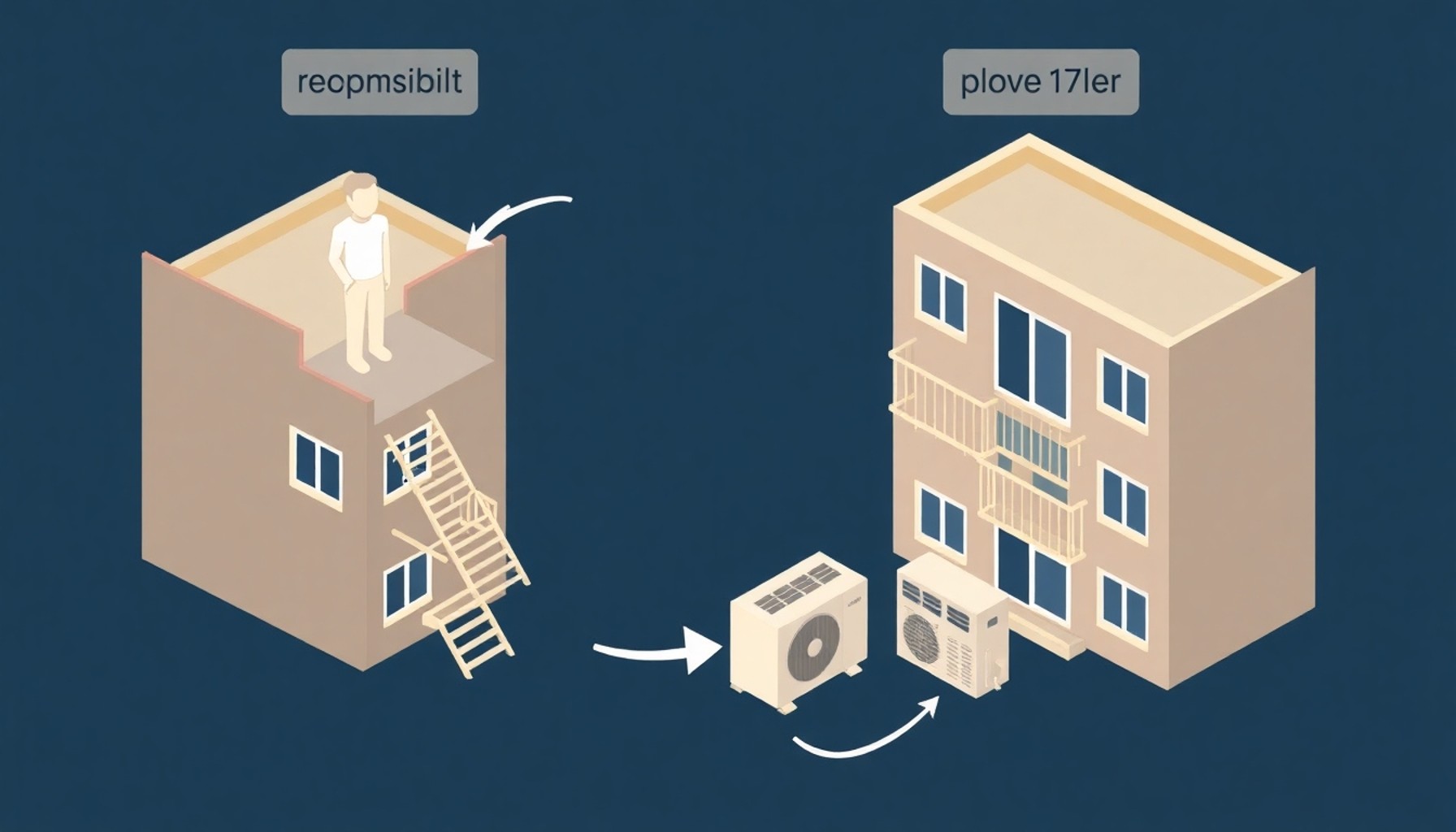 Kiracı ve malik arasında klima gürültüsü sorumluluğunu gösteren apartman tasviri