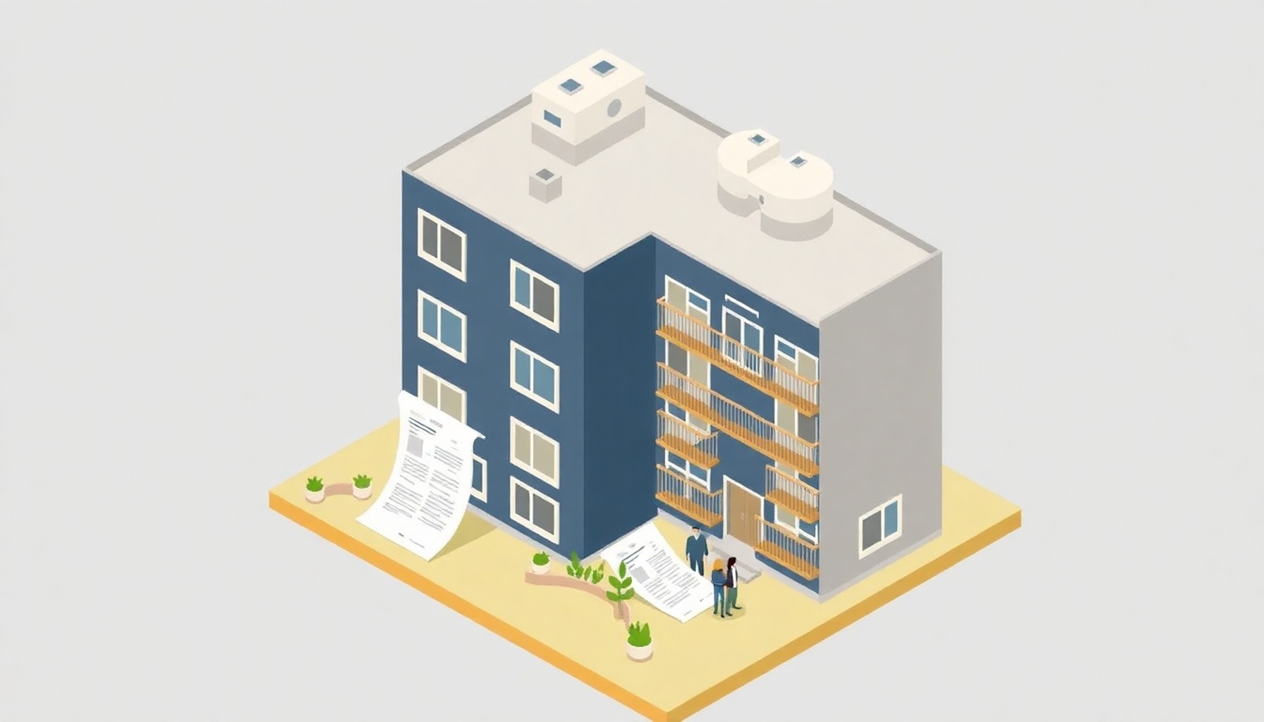 Kiracı ve ev sahibi ilişkisini gösteren apartman binası isometrik görseli