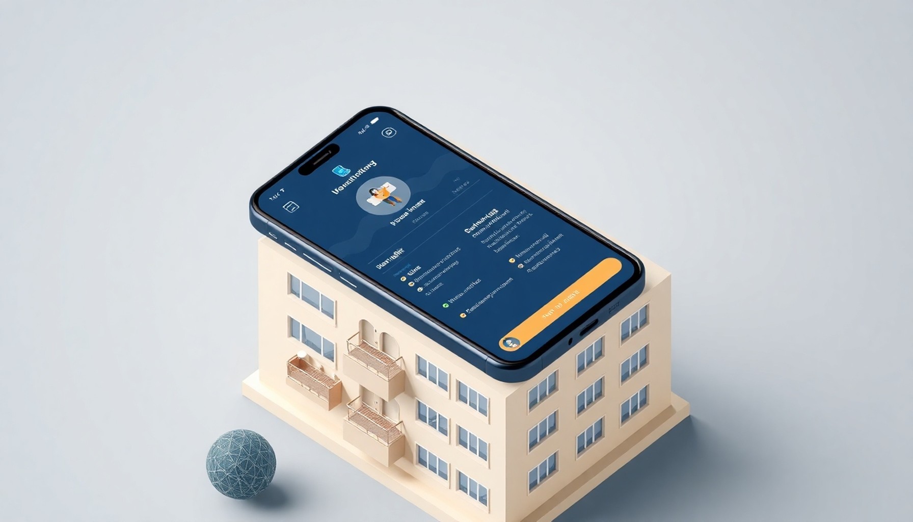 Apartman modeli üzerinde bildirim ve kontrol paneli gösteren akıllı telefon illüstrasyonu