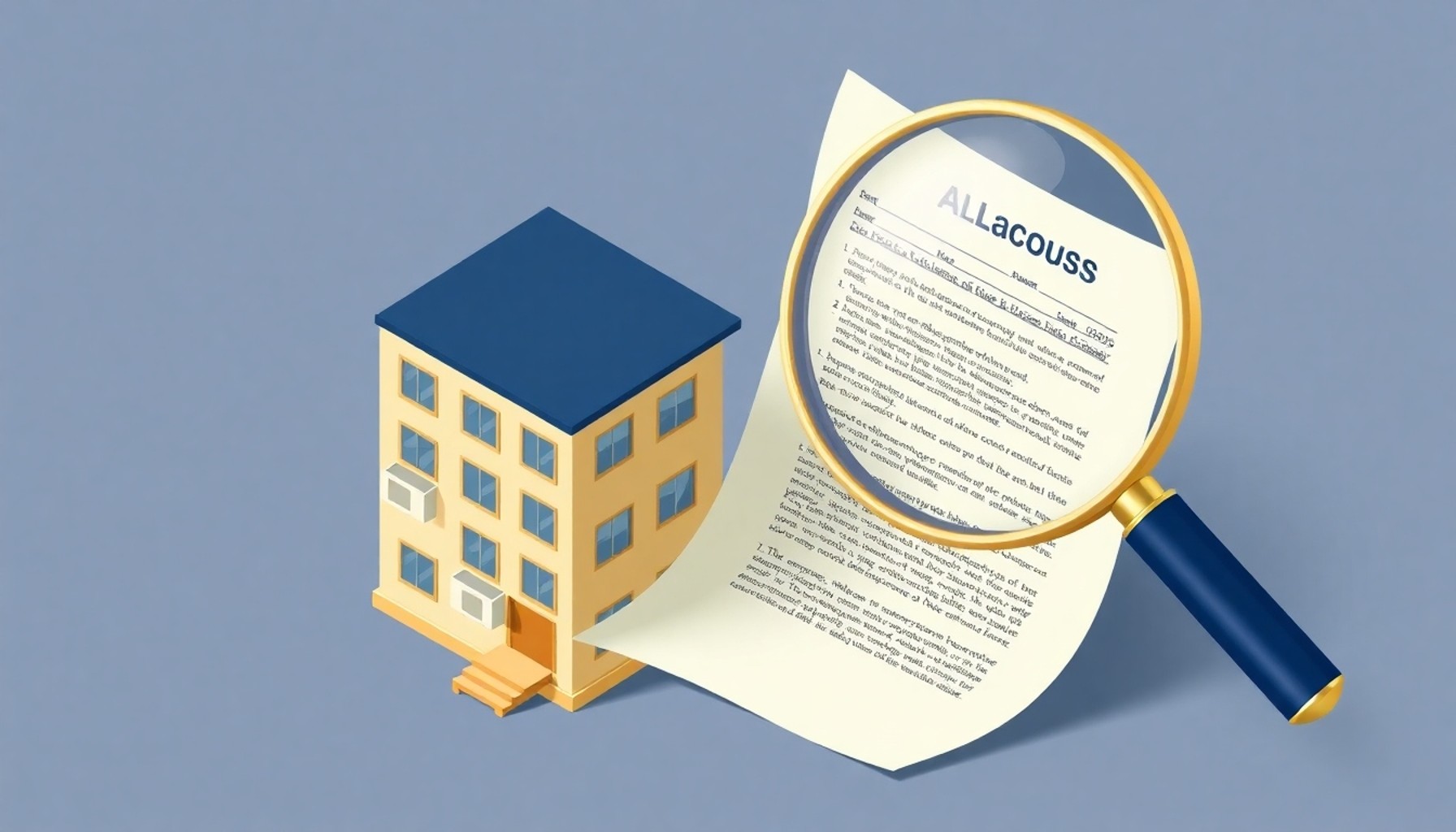 Sözleşme ve apartman binasını inceleyen büyüteç — günlük kiralama yasallığını sorgulayan izometrik illüstrasyon