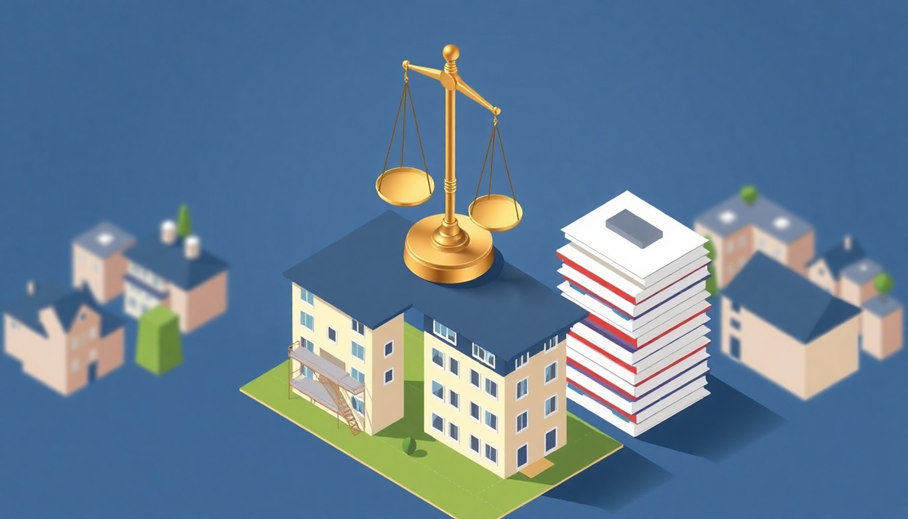 Apartman modeli üzerinde duran adalet terazisi ve hukuki dosyalarla komşu davası illüstrasyonu