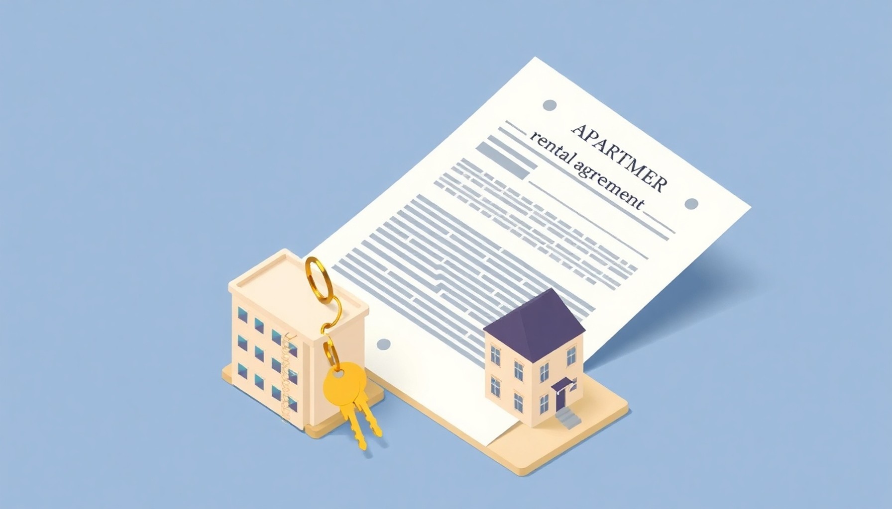 Kira sözleşmesi, anahtarlar ve apartman modeli ile kiracı-malik ilişkisini gösteren illüstrasyon