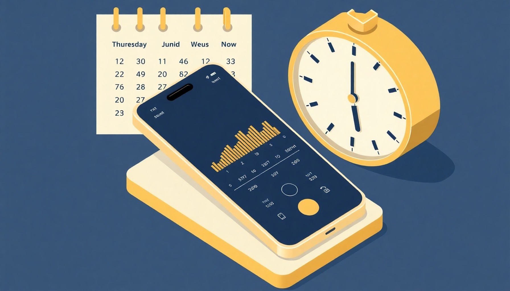 Akıllı telefon ses seviyesi kayıt ekranı ve arka planda tarih-saat takvimi