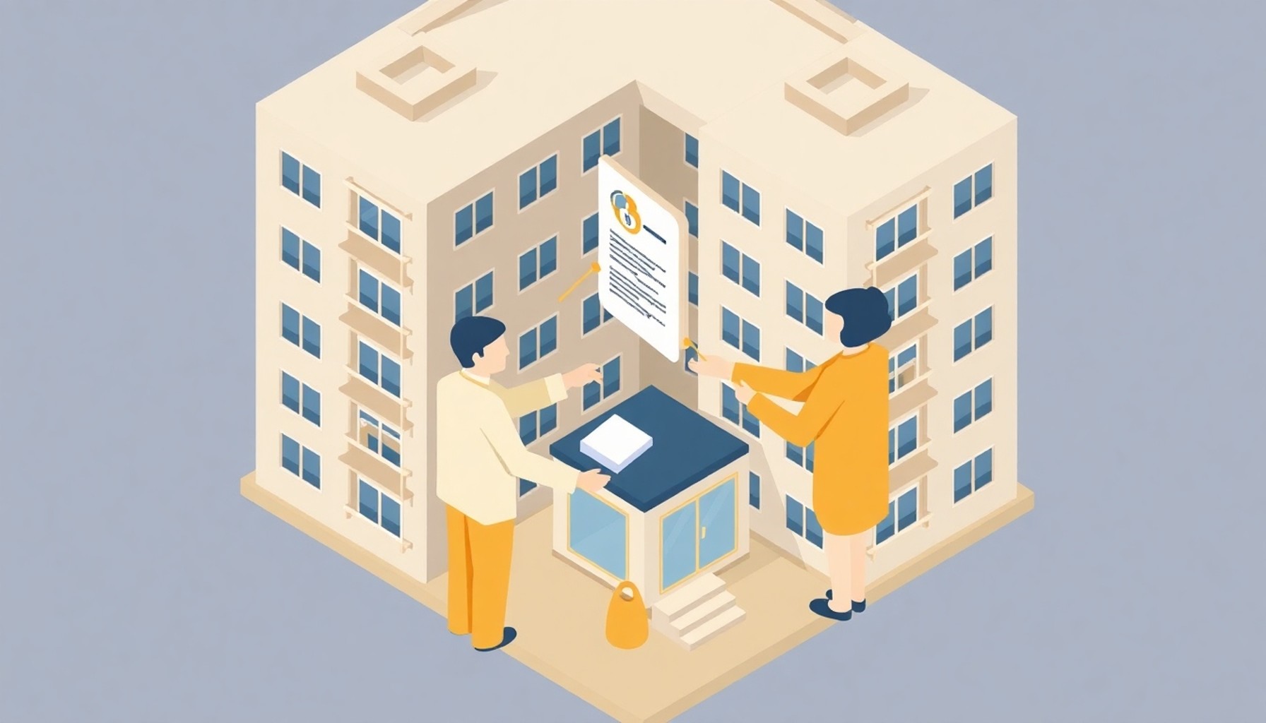 Apartman yönetim ofisi ve belge teslimi gösteren soyut illustrasyon