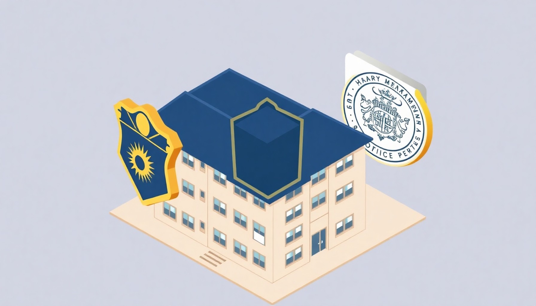 Gürültü şikayetinde üç farklı merci: polis, yönetici ve belediye sembollerinin apartman etrafında gösterimi