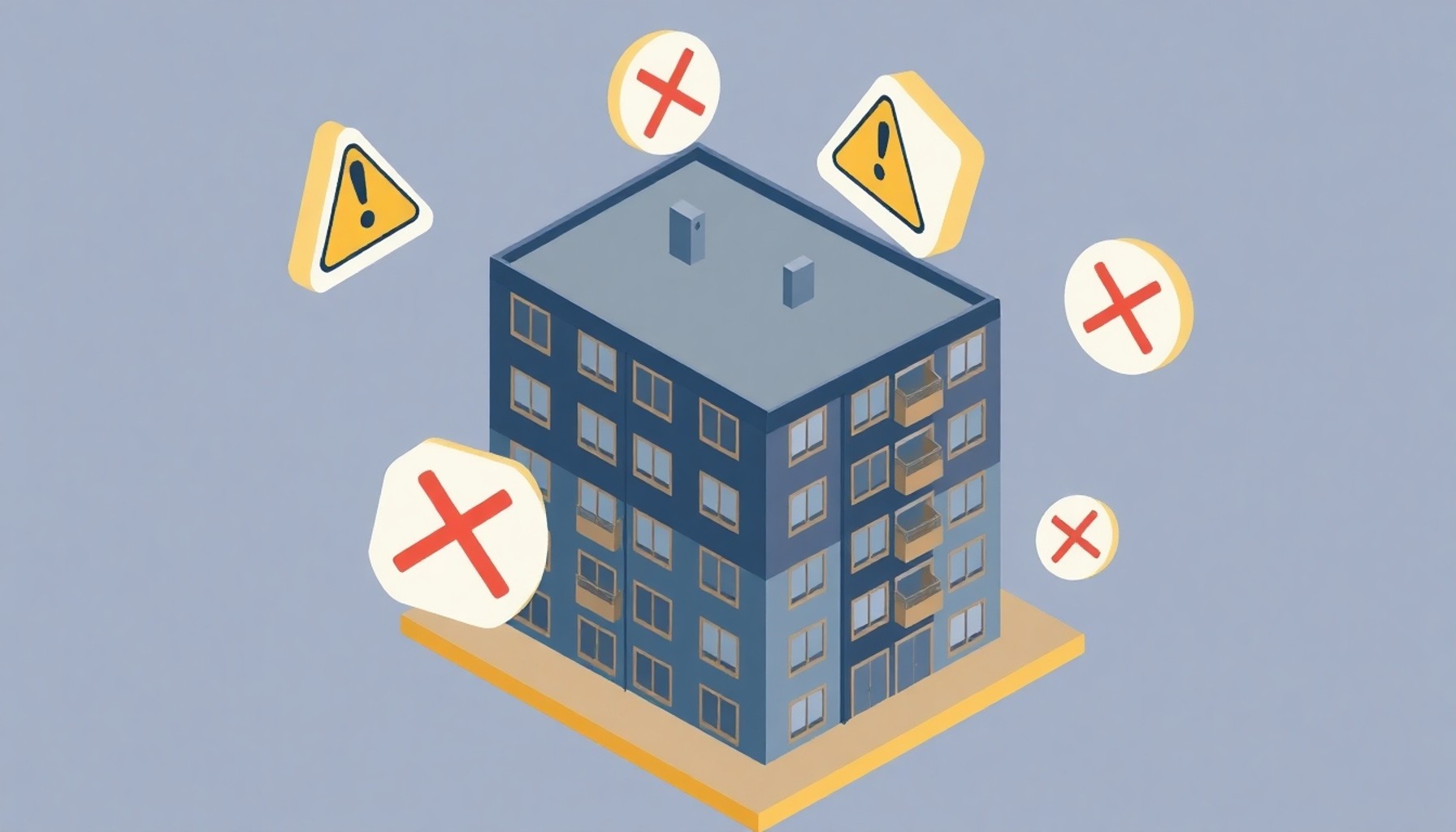 Uyarı işaretleri ve çarpı sembollerinin apartman binası etrafında geometrik soyut temsili