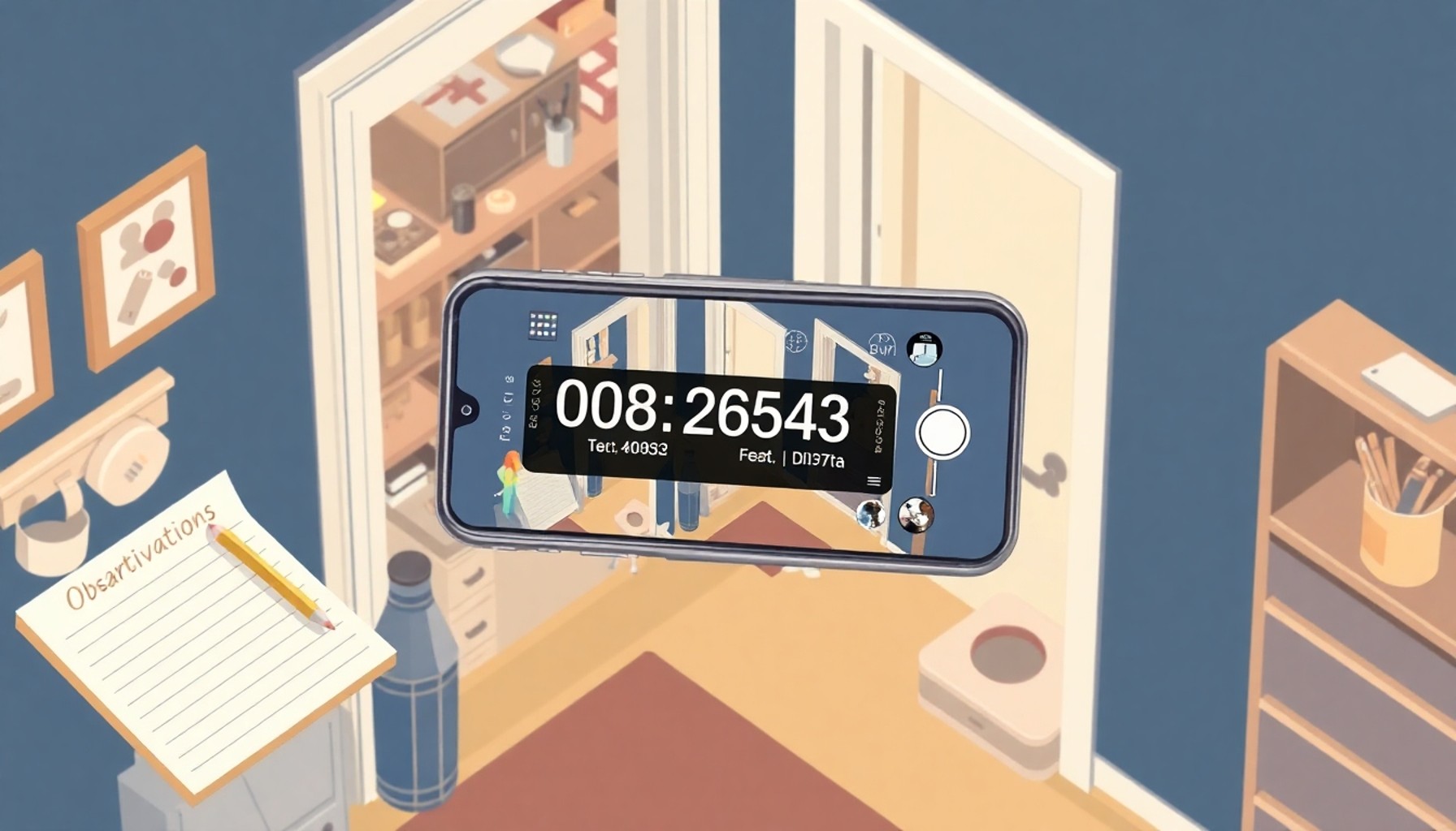 Telefon ile apartman koridorunu fotoğraflama ve not alma görseli