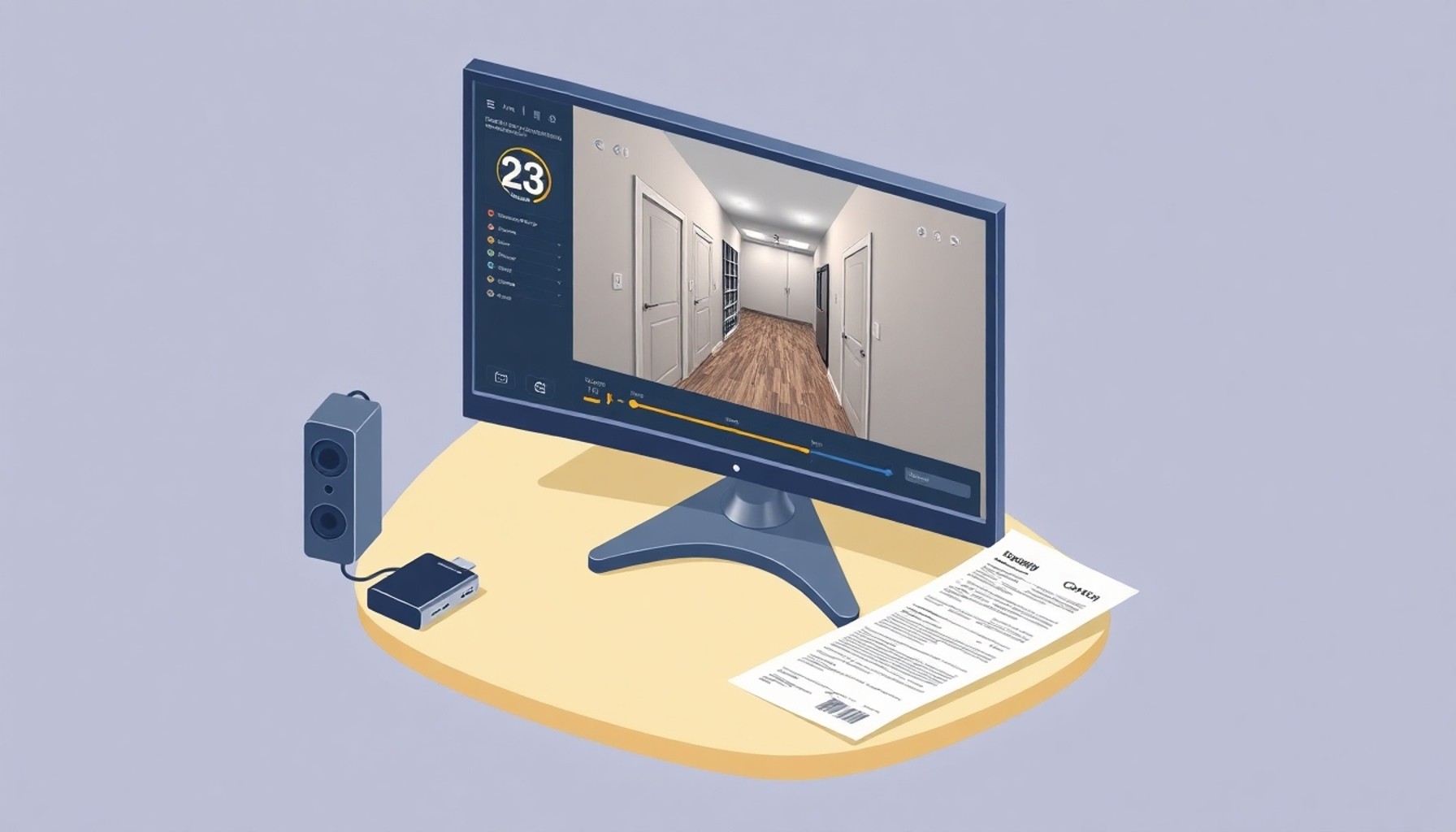 Apartman güvenlik kamerası sistemi ve dijital kayıt illüstrasyonu