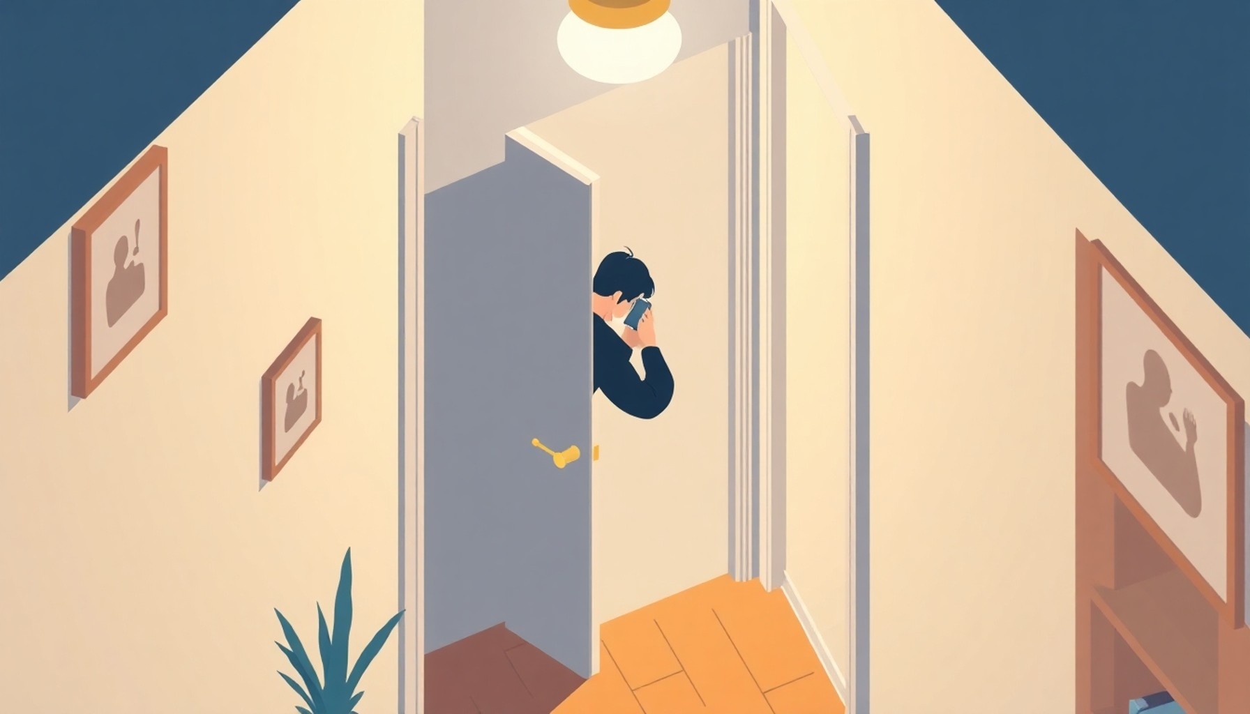 Apartman koridorunda gözetleme kavramını temsil eden soyut kapı delikleri illüstrasyonu