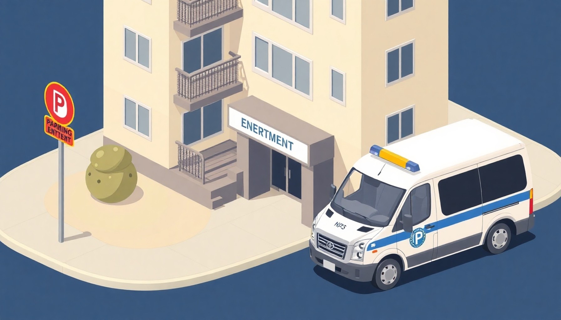 Belediye park denetim ekibi ve apartman girişi illüstrasyonu