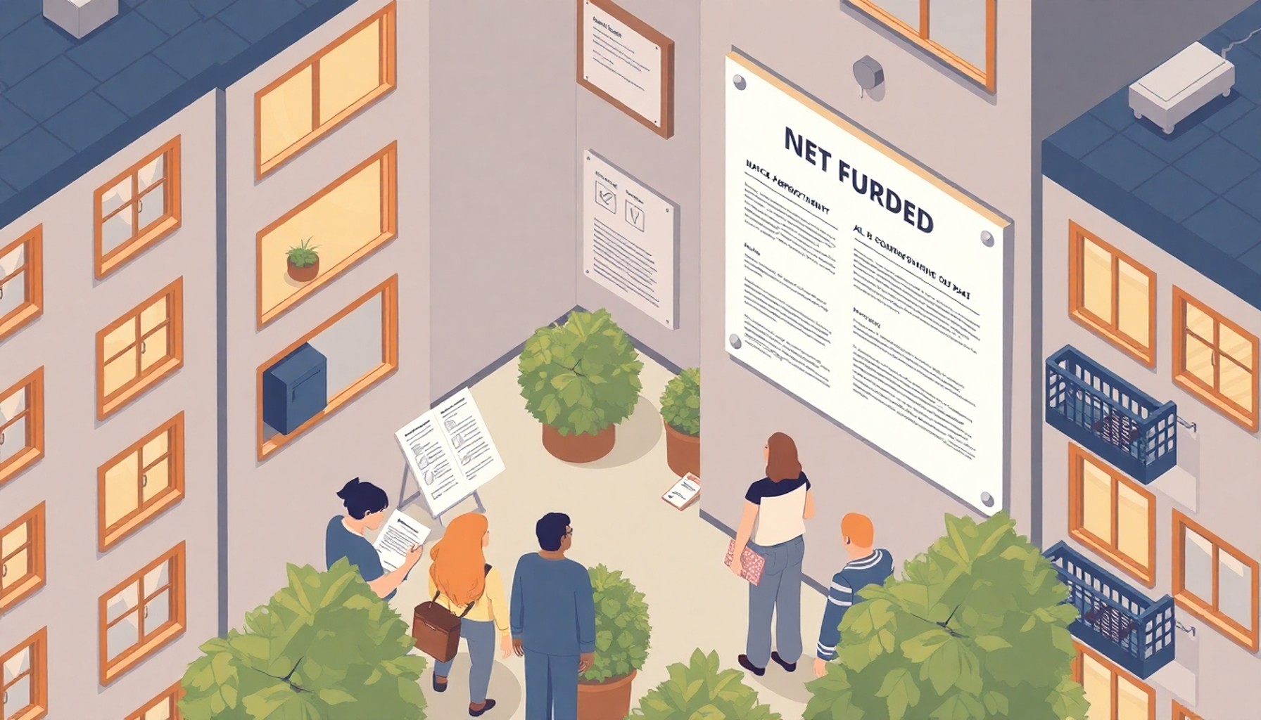 Apartman sakinlerinin toplu alım fikrini duyuru panosunda tartıştığını gösteren illüstrasyon