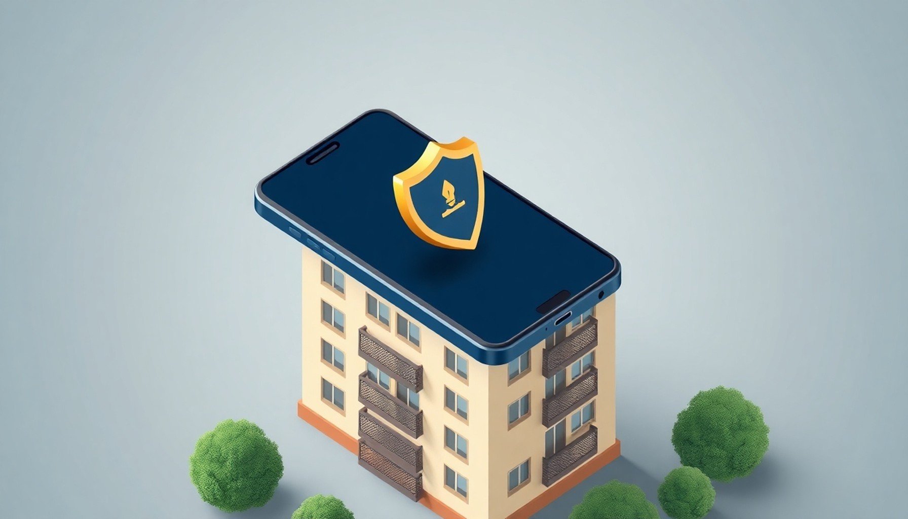 Apartman binası üzerinde kalkan ve uyarı sembolü içeren akıllı telefon — dijital tehdit ve siber güvenlik