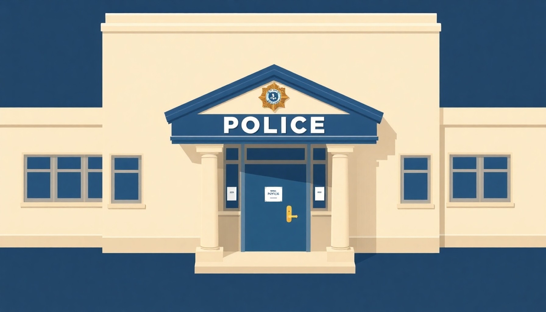 Karakol başvurusu — polis merkezi dış cephesi ile editoryal illüstrasyon